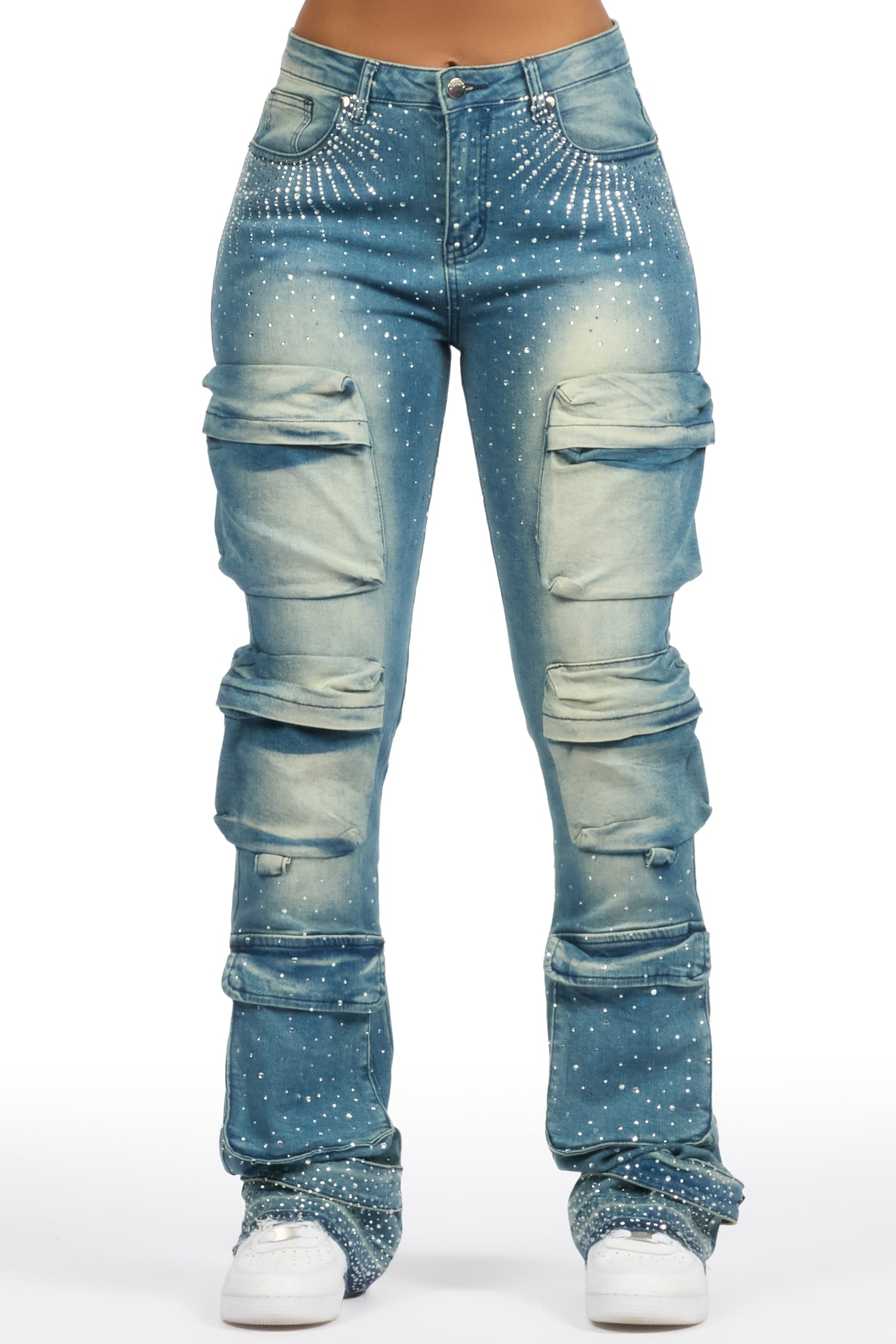 Ashela Med. Wash Rhinestone Stacked Jean
