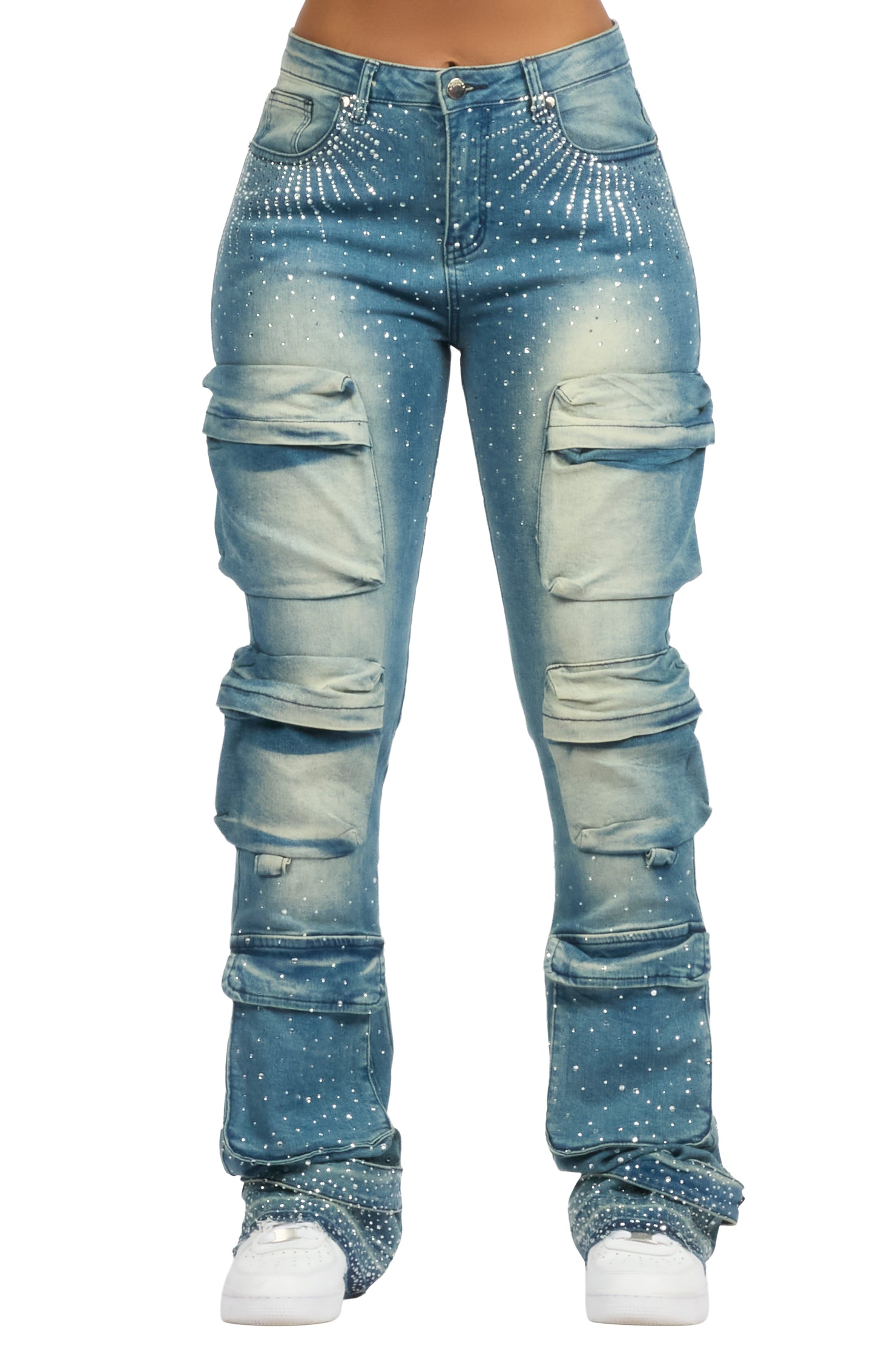 Ashela Med. Wash Rhinestone Stacked Jean