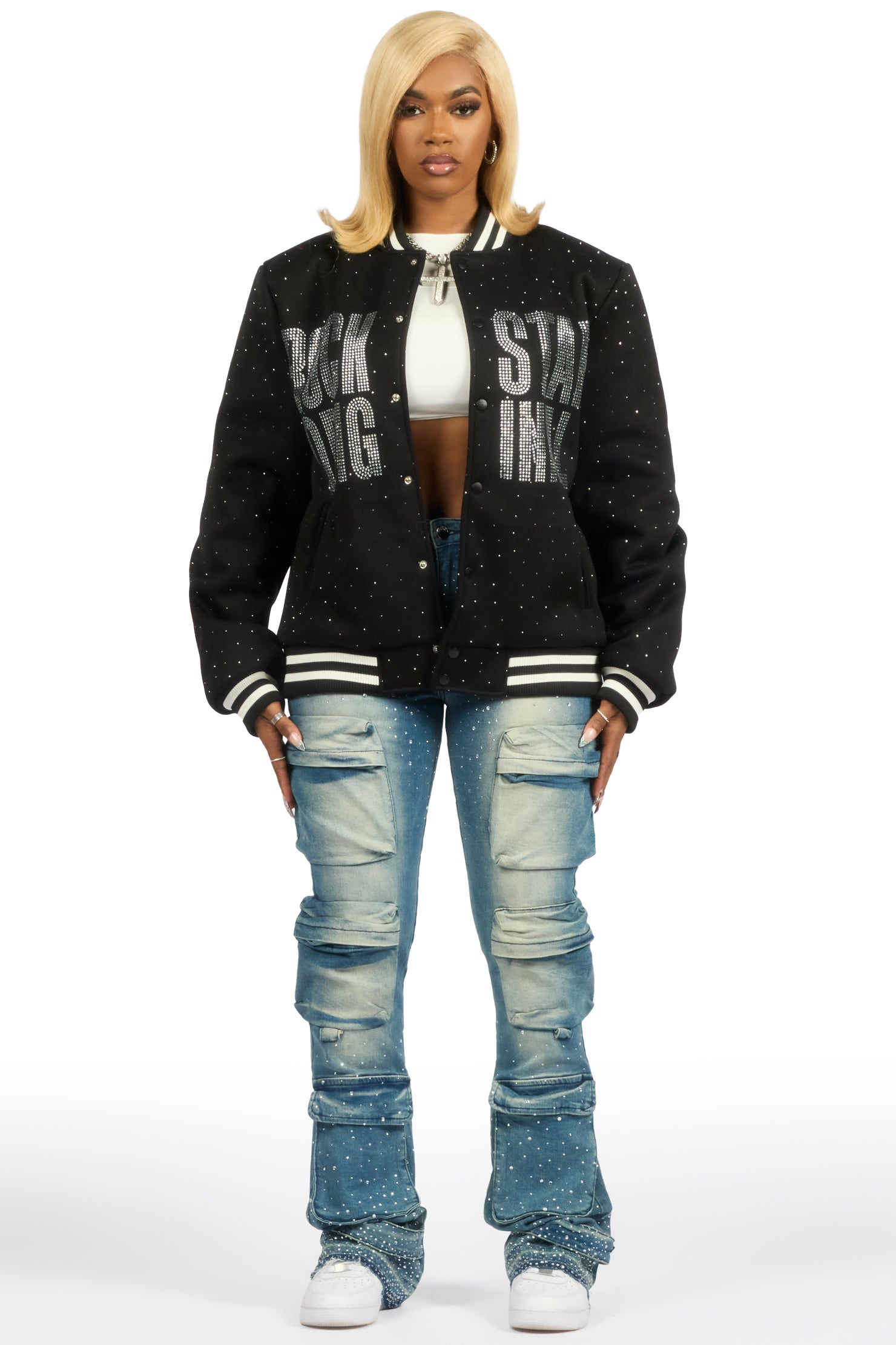 Nakiah Black Rhinestone Varsity Jacket
