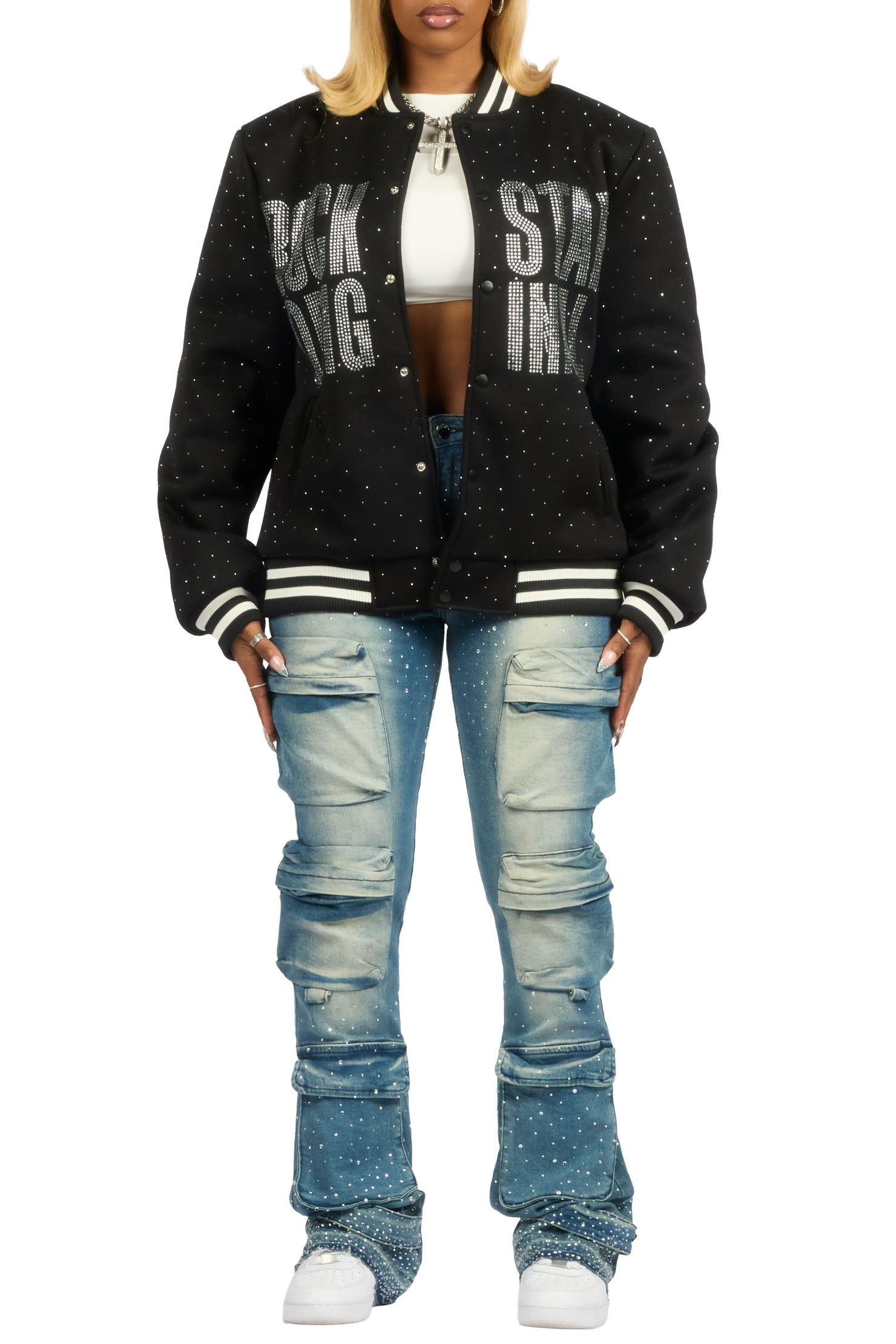 Nakiah Black Rhinestone Varsity Jacket