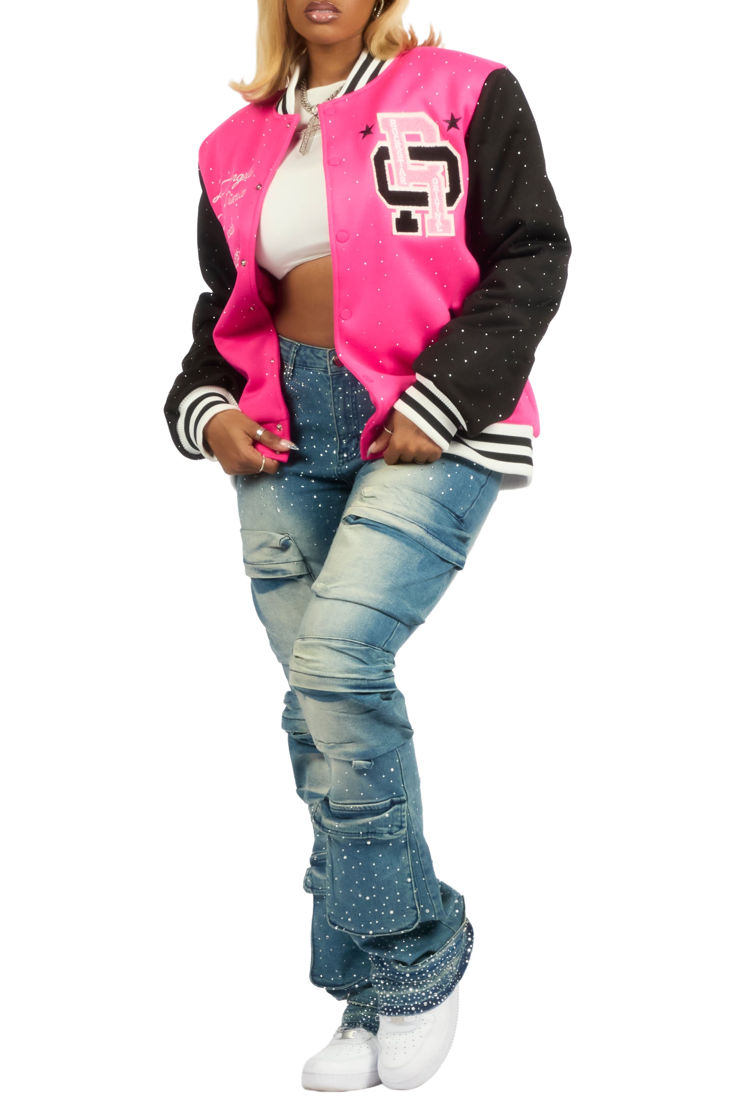 Ranesha Hot Pink/Black Rhinestone Varsity Jacket