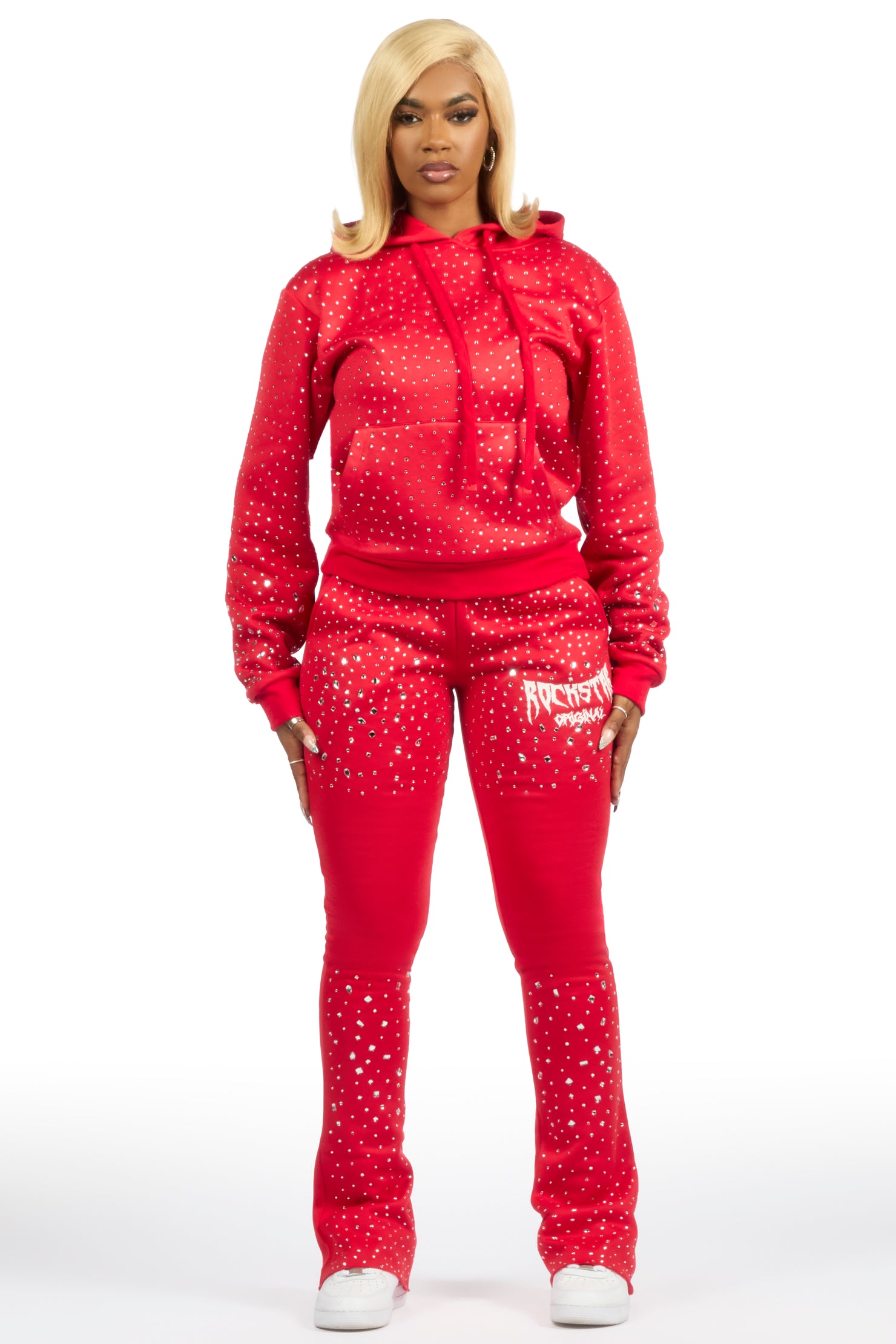 Porsha Red Rhinestone Stacked Track Set