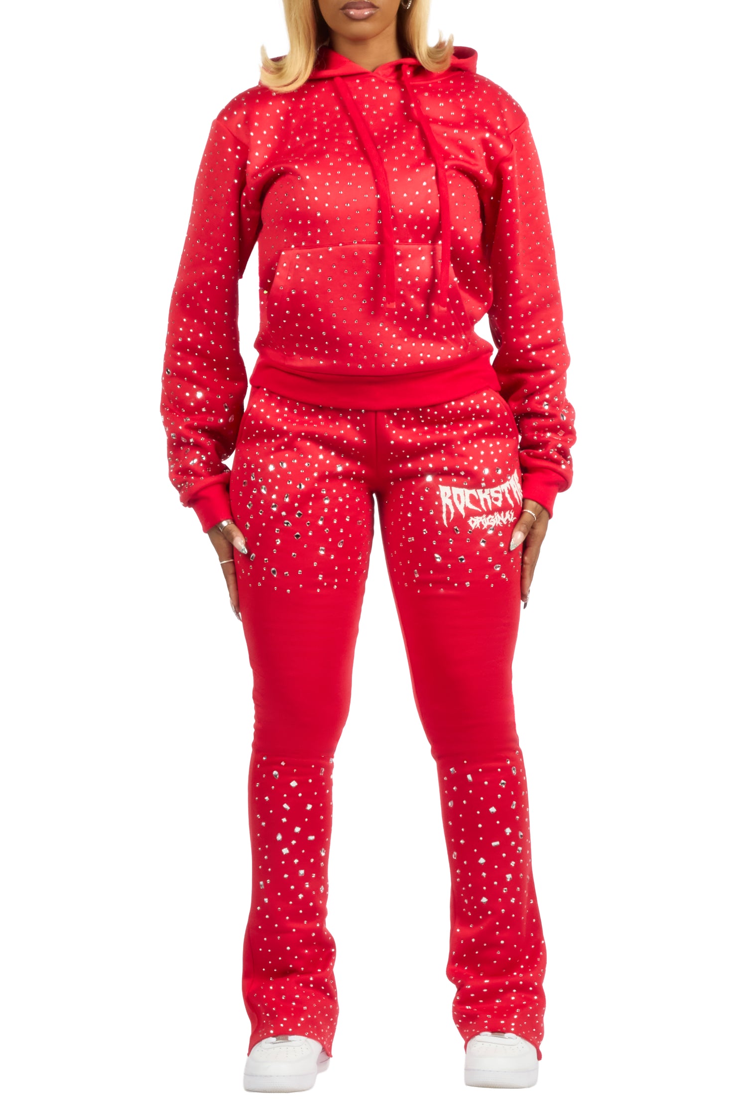 Porsha Red Rhinestone Stacked Track Set