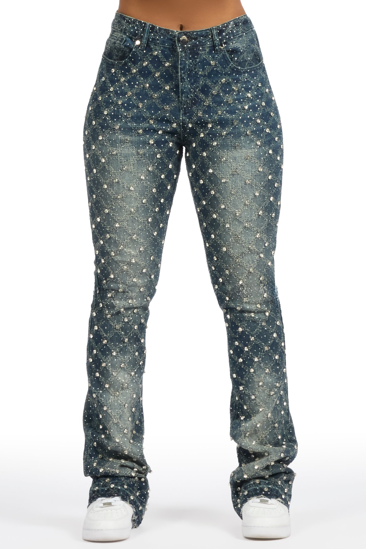 Sareka Dark Wash Rhinestone Stacked Flare Jean