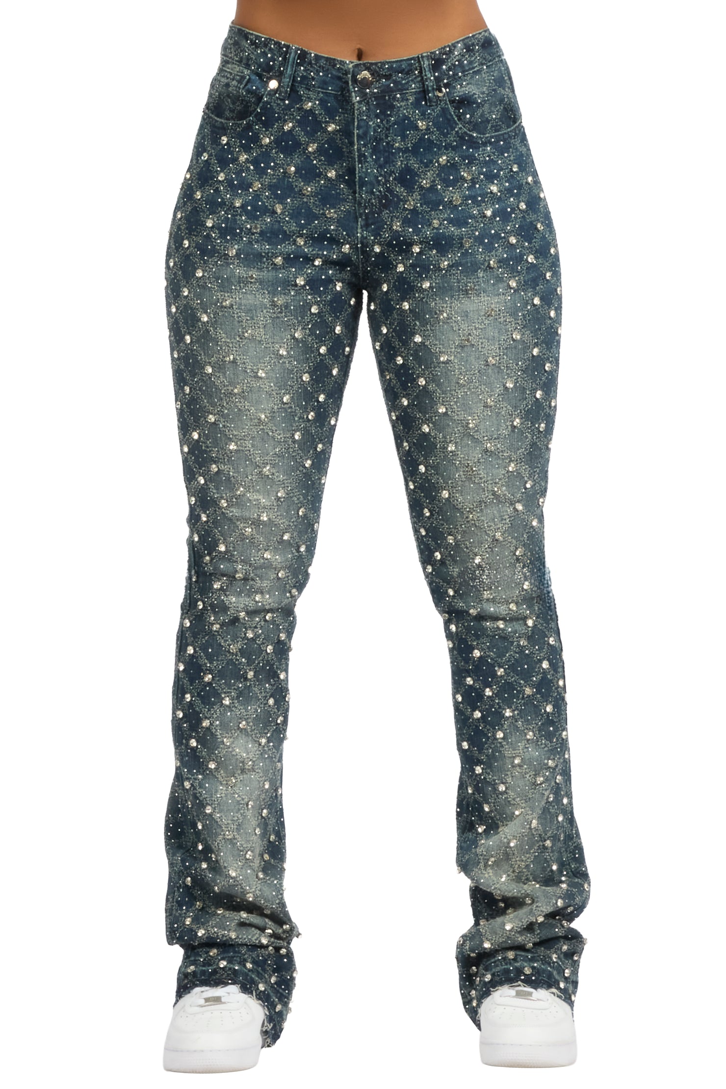 Sareka Dark Wash Rhinestone Stacked Flare Jean