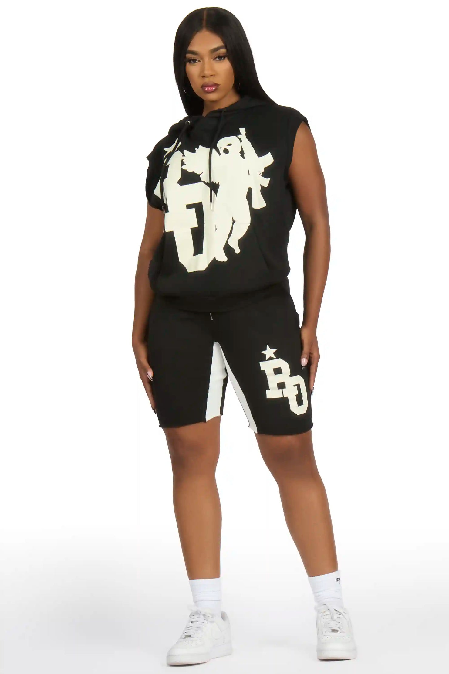 Danehsa Black Cut Sleeve Hoodie Short Set