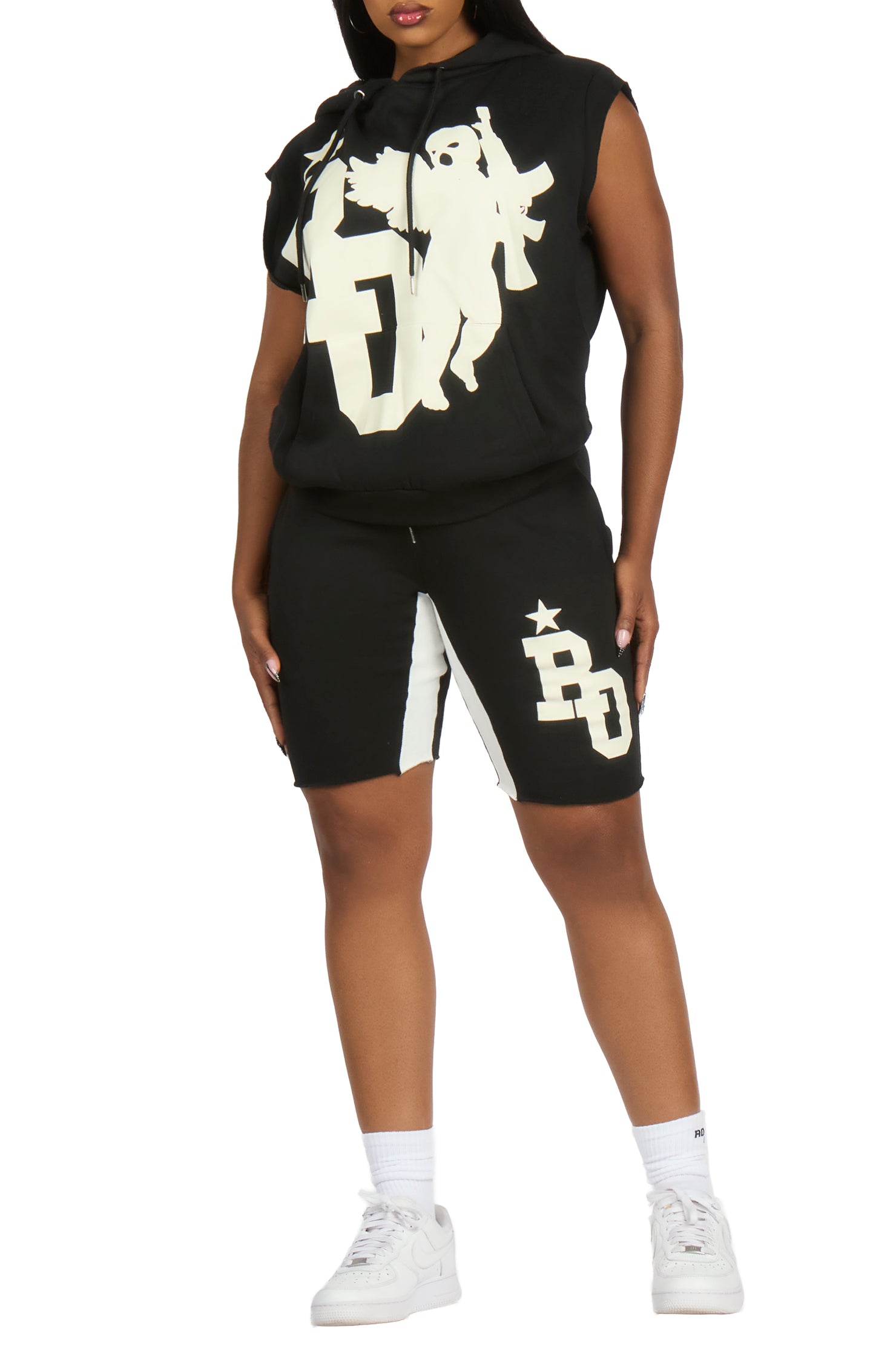 Danehsa Black Cut Sleeve Hoodie Short Set