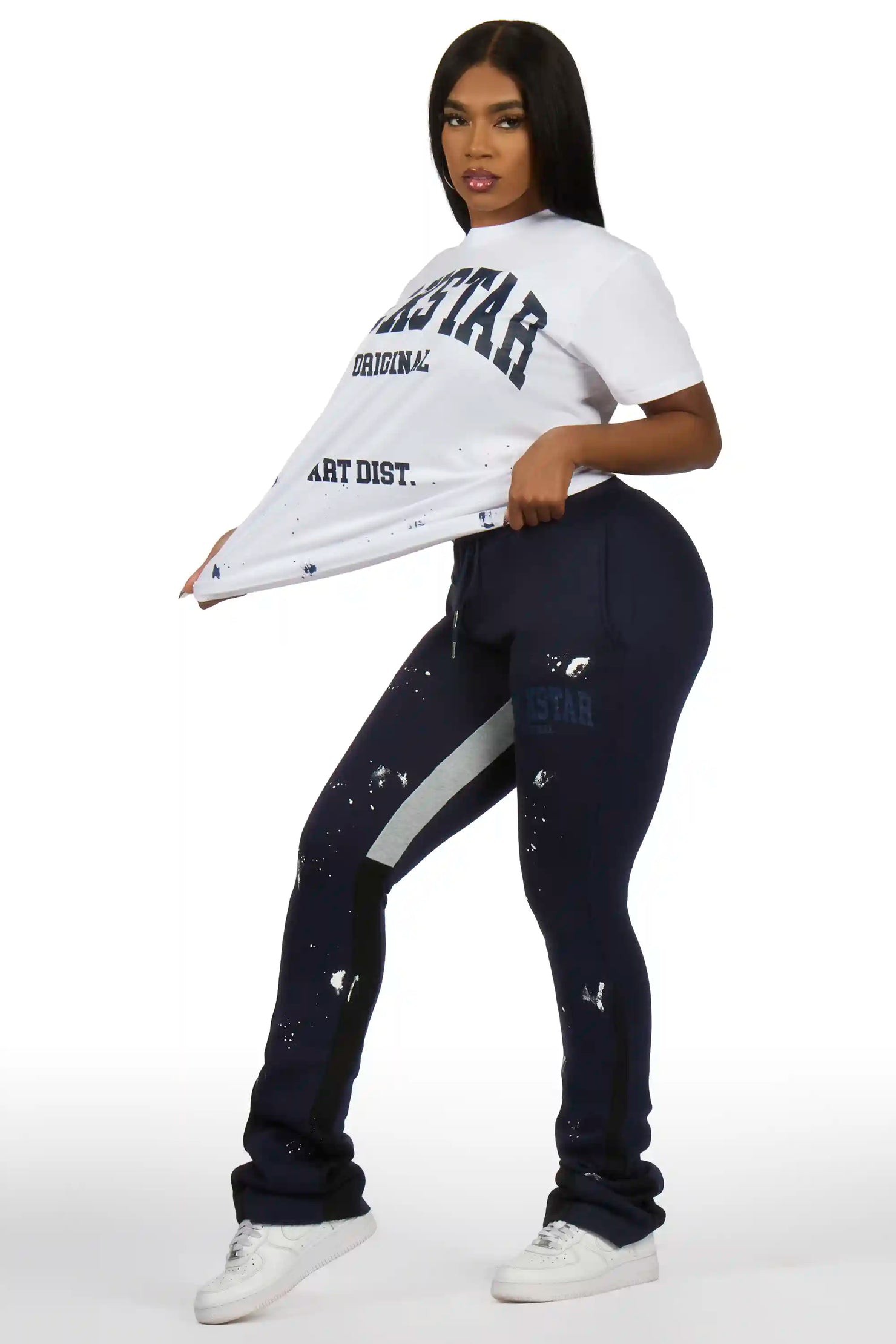 Nadiyah White/Navy T-Shirt Stacked Track Set