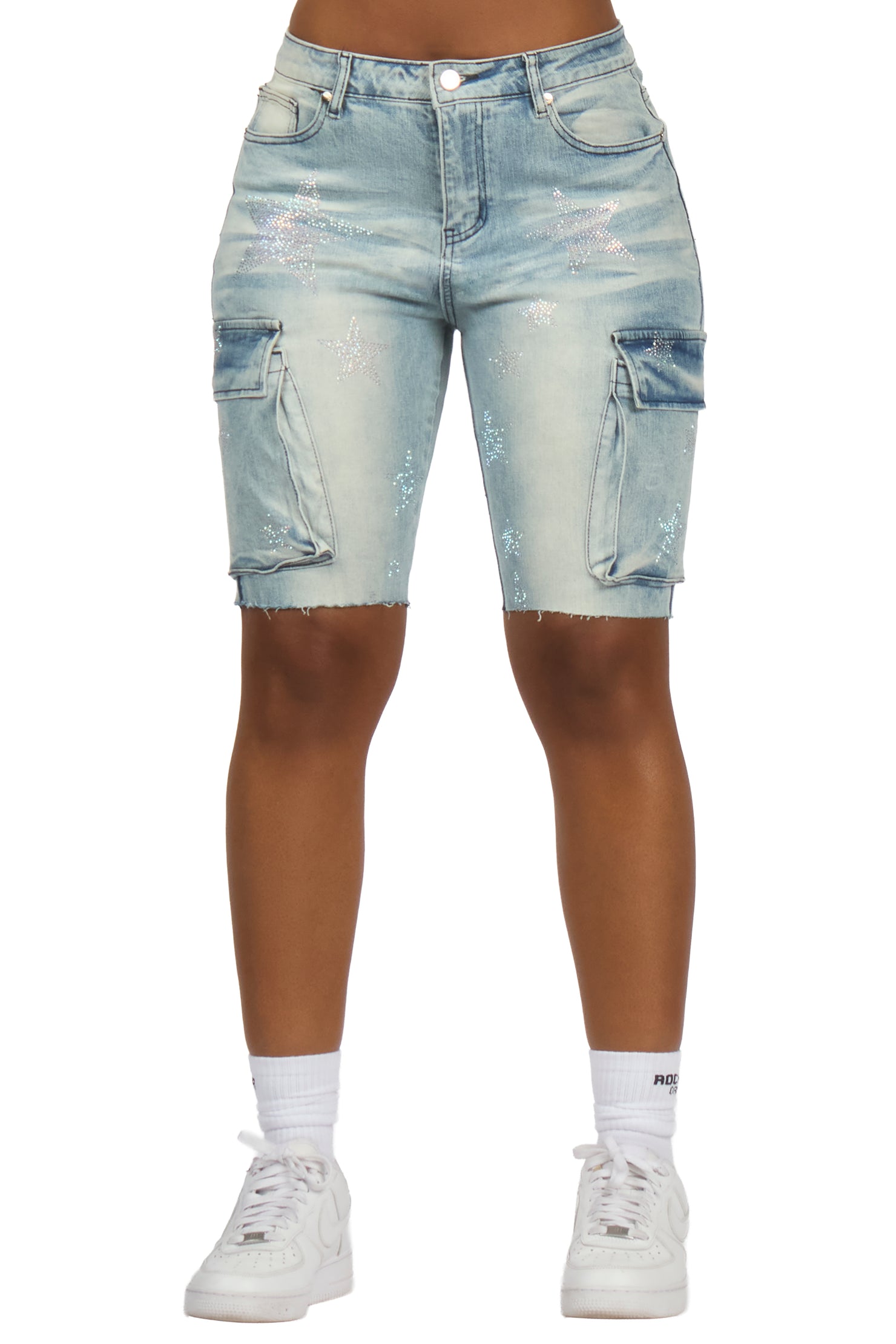 Jaquantae Light Wash Rhinestone Bermuda Short