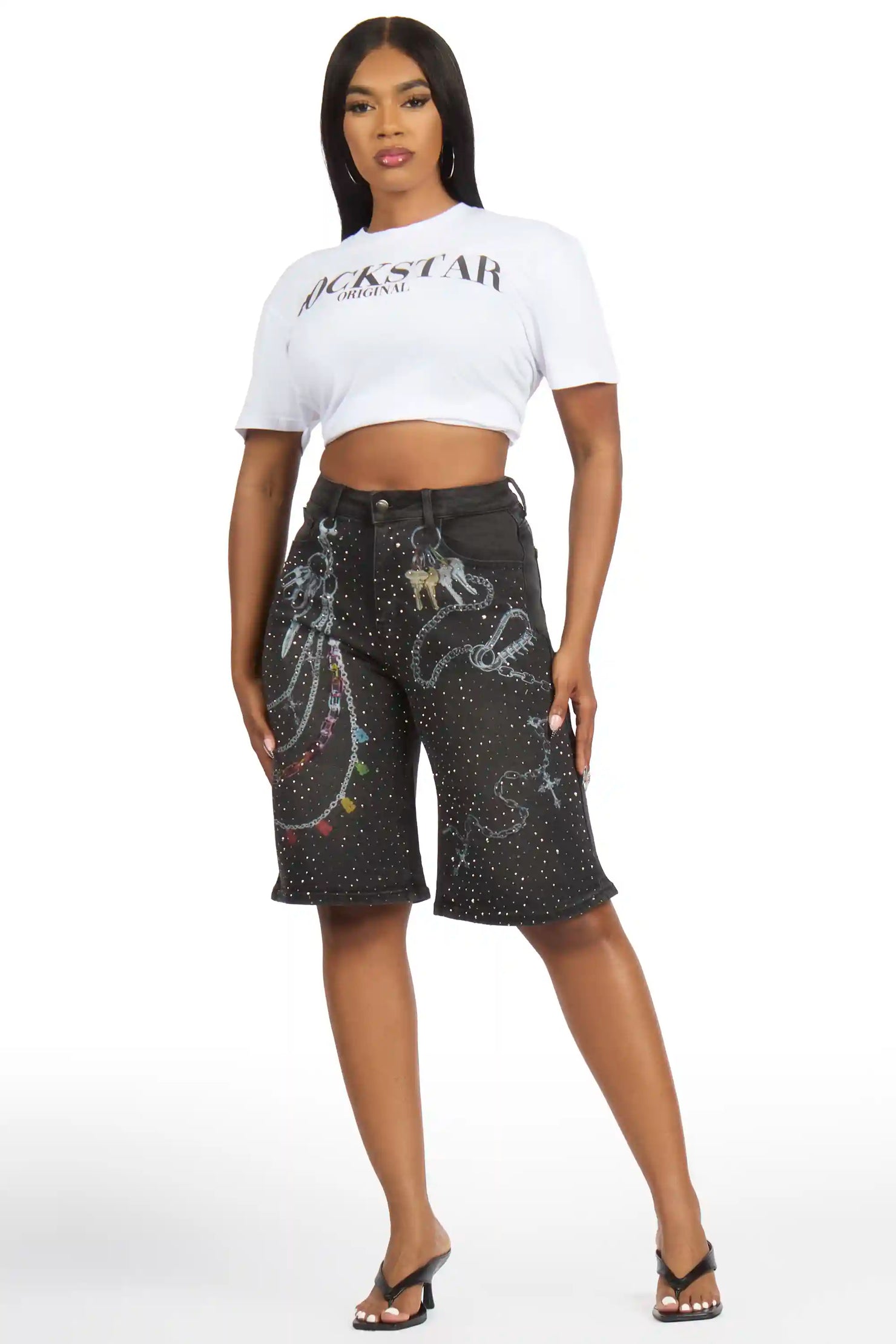 Anneshia Black Rhinestone Denim Jort