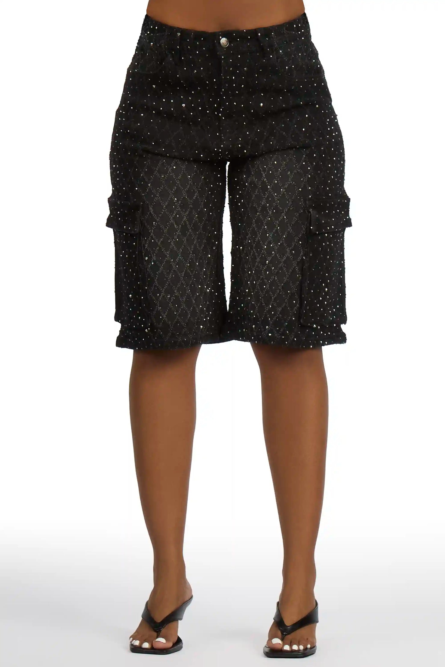 Martinique Black Rhinestone Denim Jort