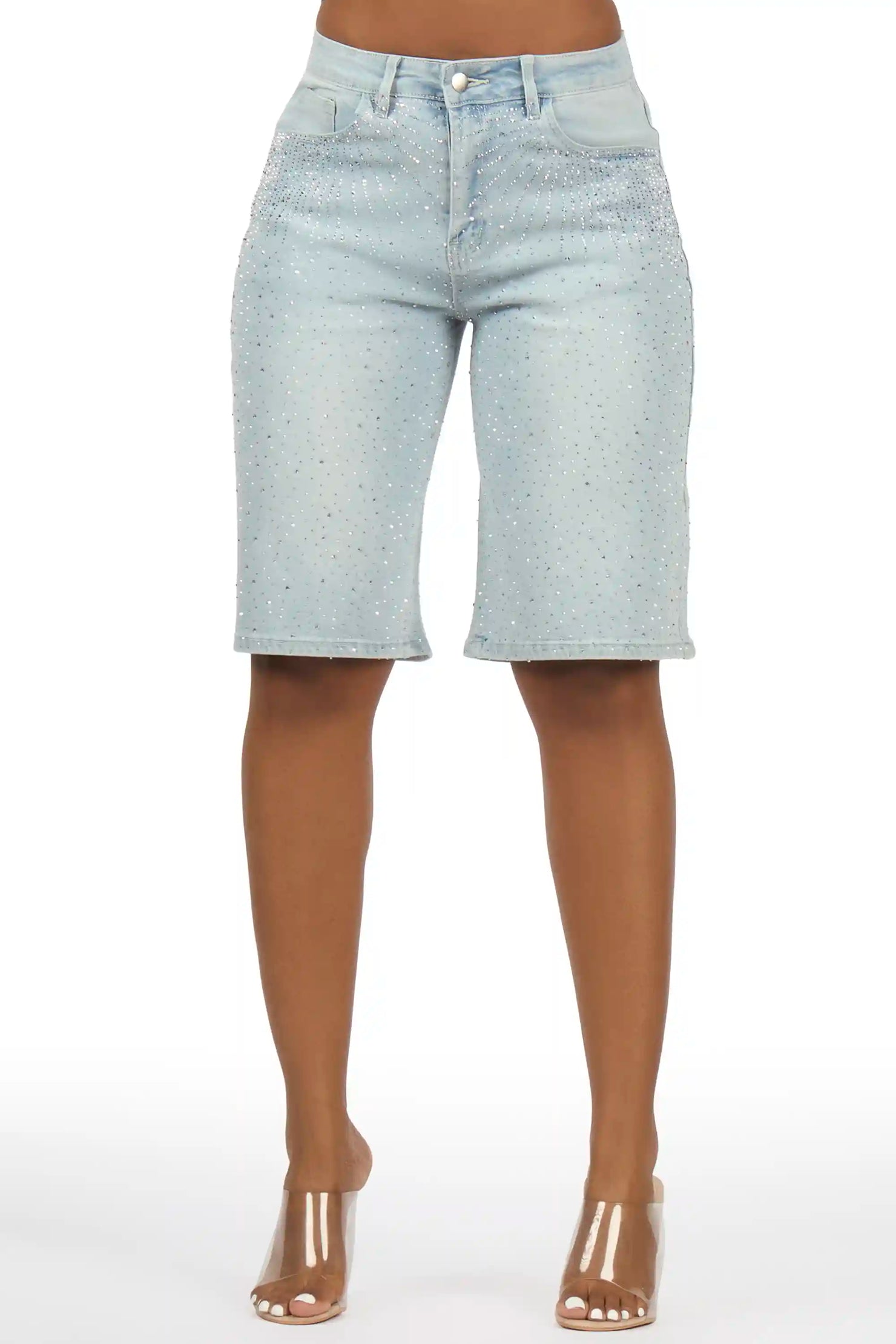 LaTonia Light Wash Rhinestone Denim Jort