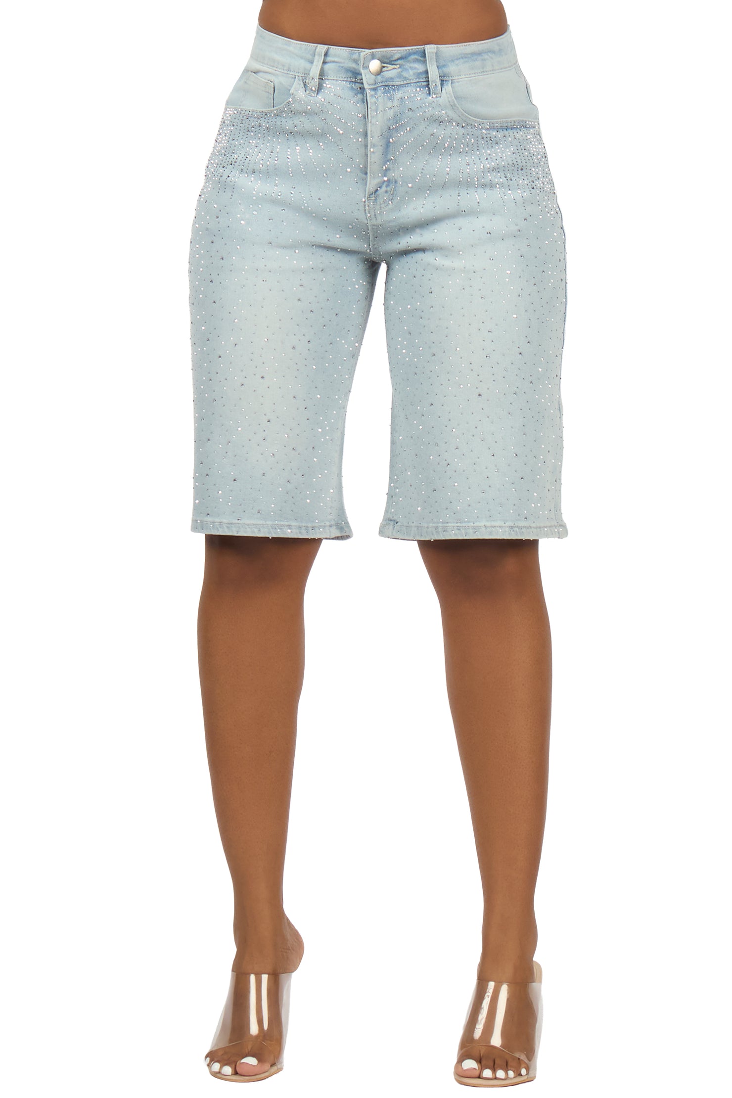 LaTonia Light Wash Rhinestone Denim Jort