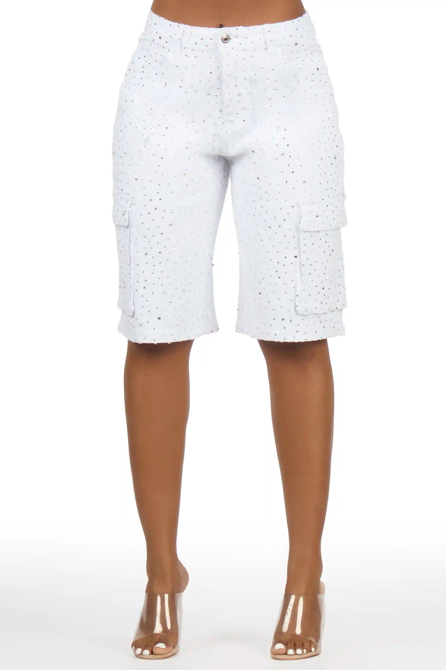 Martinique White Rhinestone Denim Jort