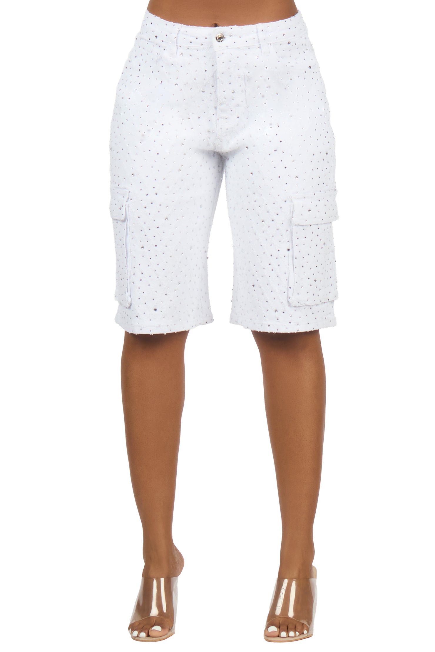 Martinique White Rhinestone Denim Jort