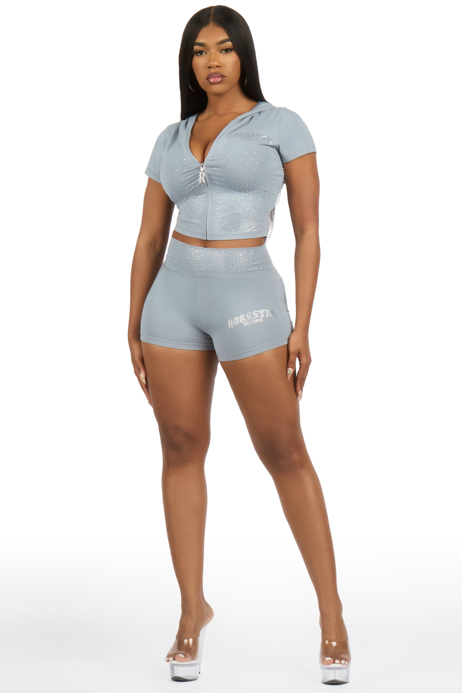 Jontella Grey Rhinestone Short Set