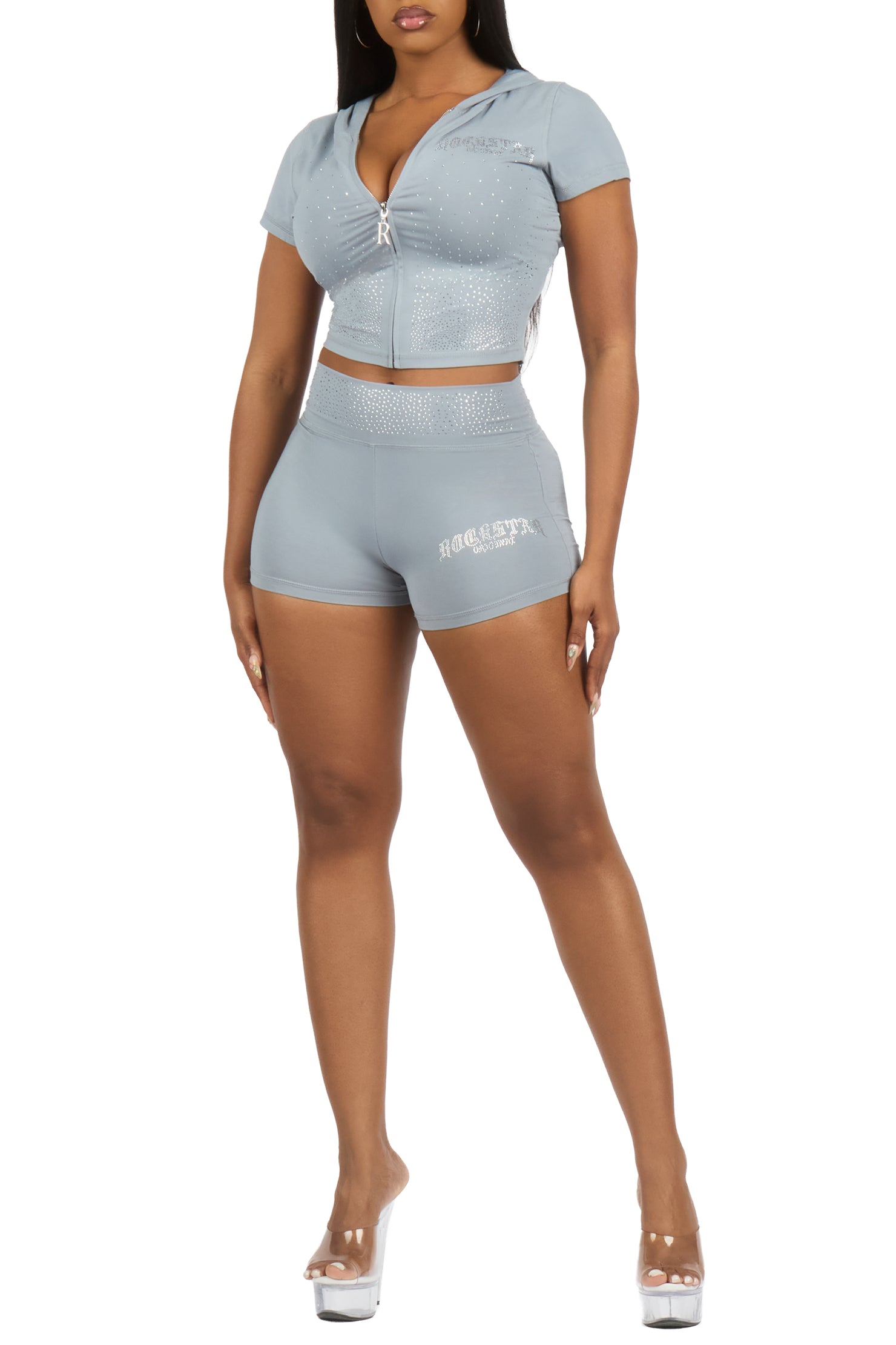 Jontella Grey Rhinestone Short Set