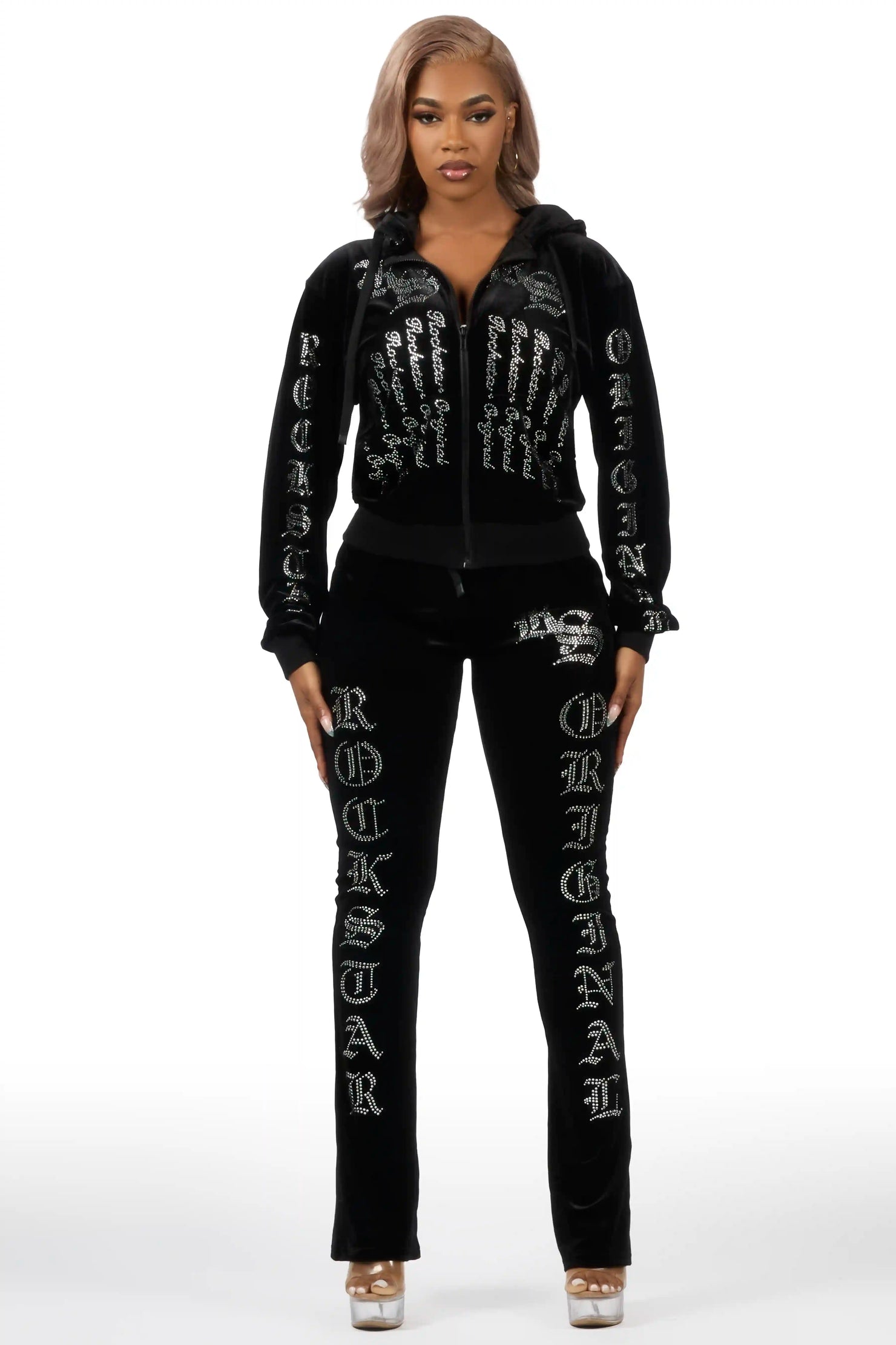 Doniqua Black Rhinestone Velour Stacked Track Set