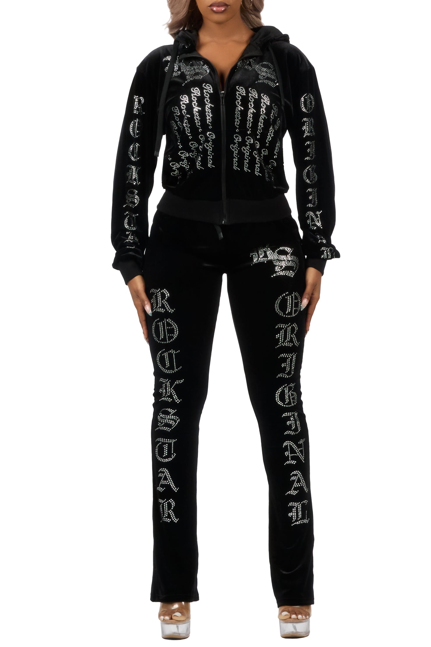 Doniqua Black Rhinestone Velour Stacked Track Set