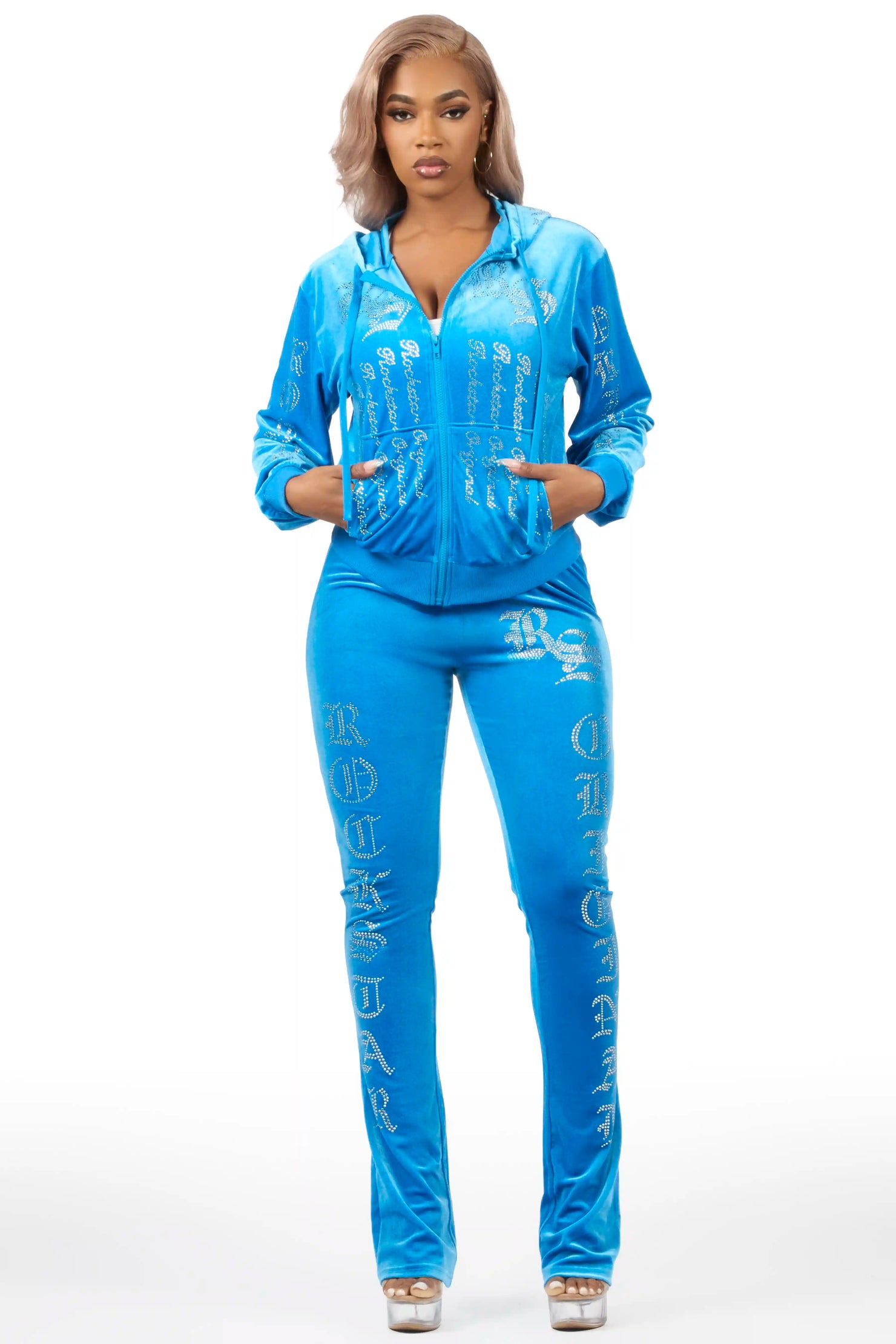 Doniqua Blue Rhinestone Velour Stacked Track Set