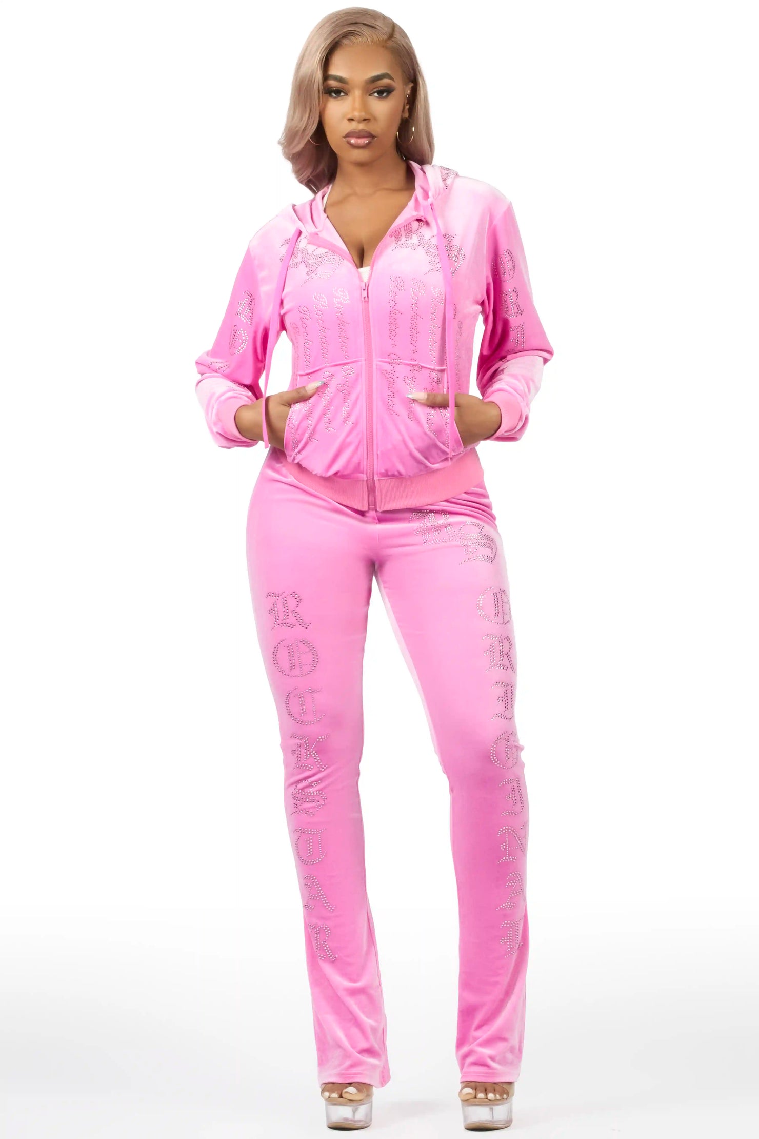 Doniqua Pink Rhinestone Velour Stacked Track Set