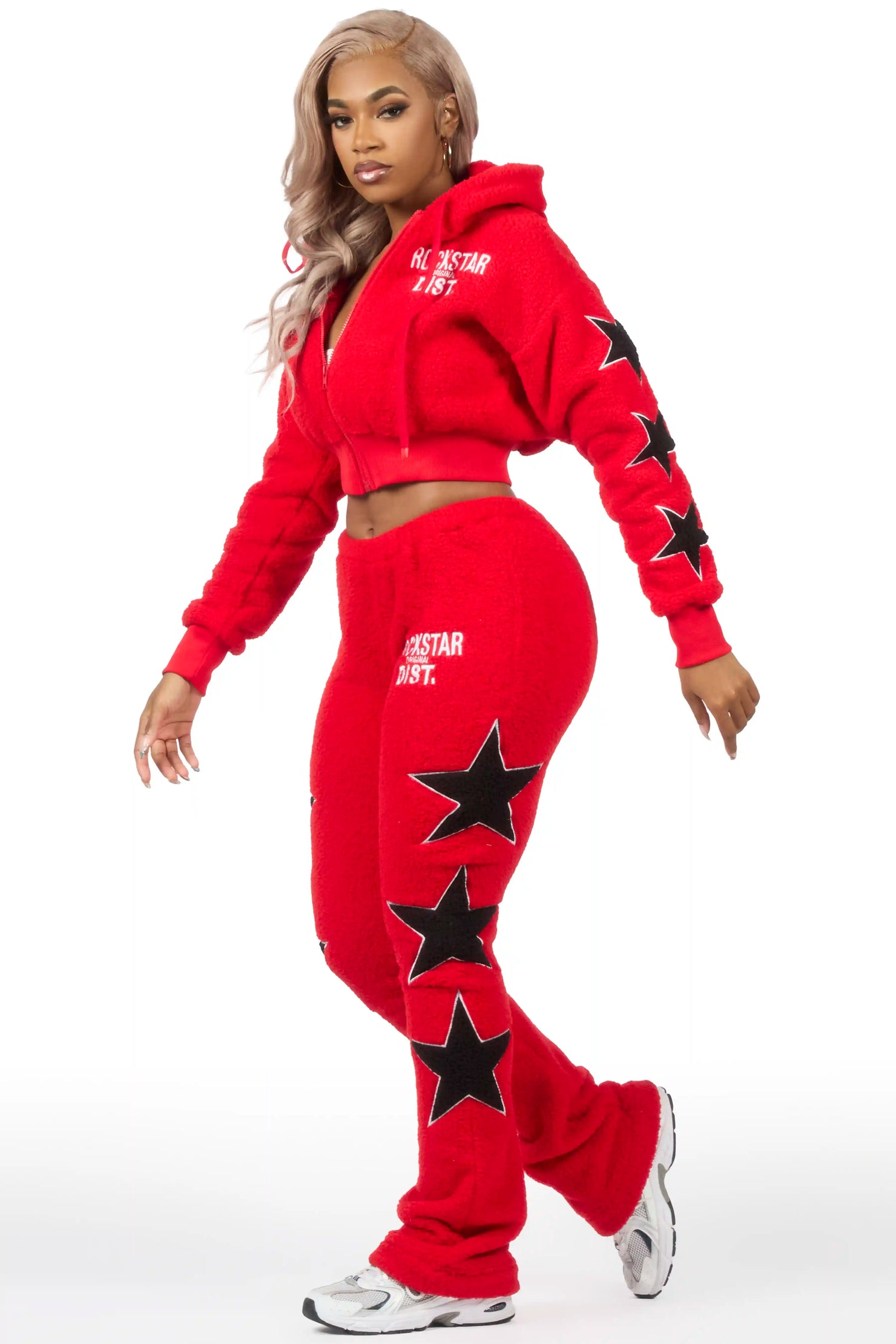 Dainisha Red Sherpa Zip Up Stacked Track Set