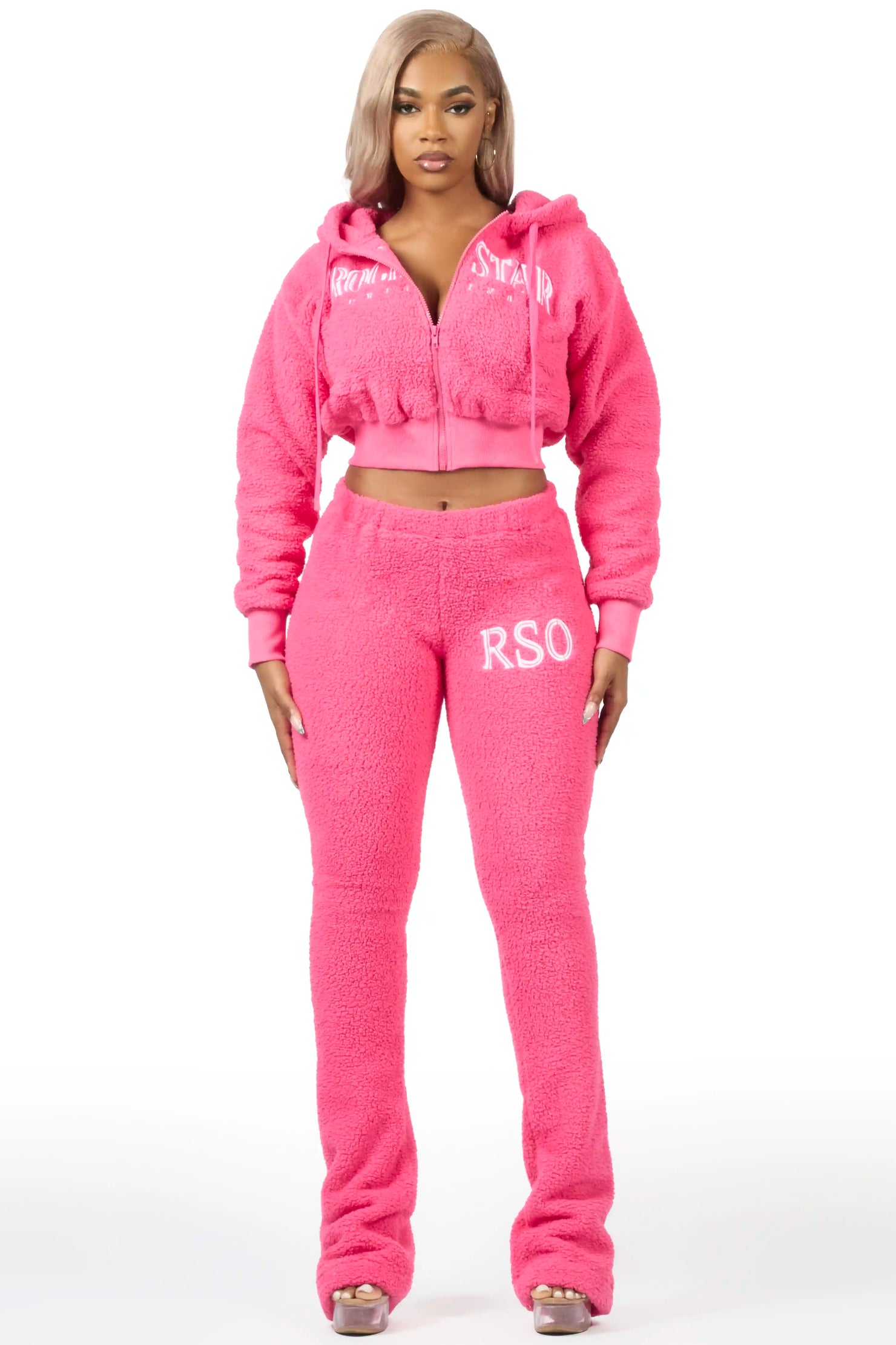Krystiana Hot Pink Sherpa Zip Up Stacked Track Set