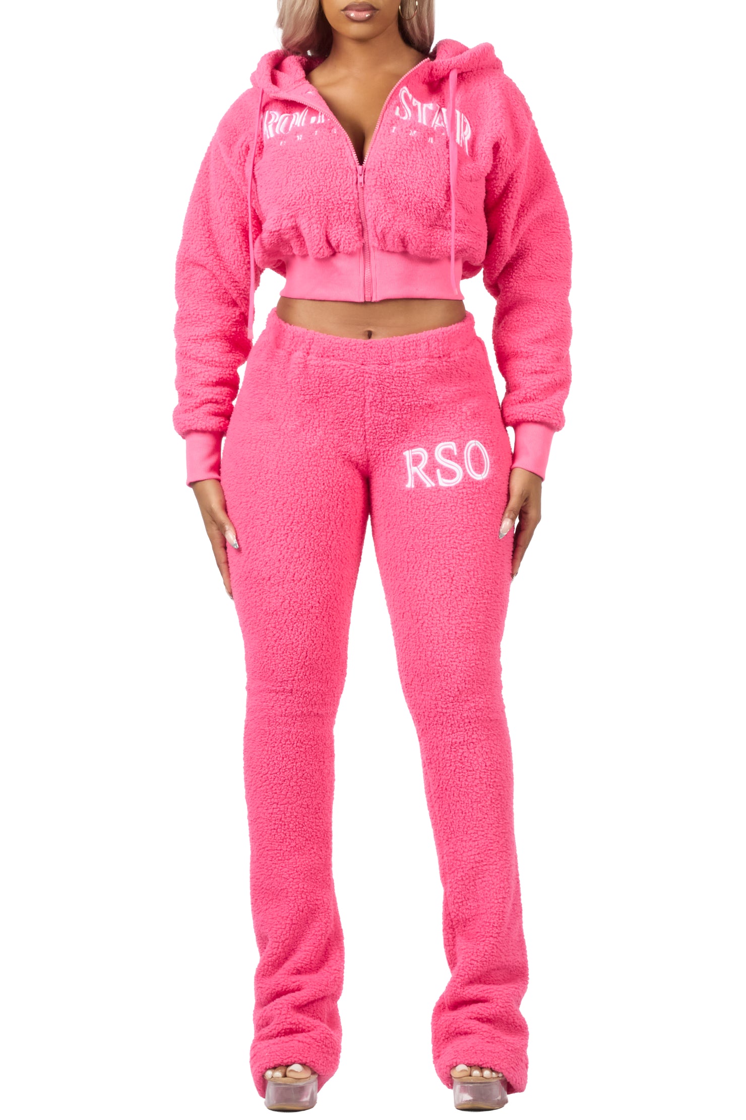 Krystiana Hot Pink Sherpa Zip Up Stacked Track Set
