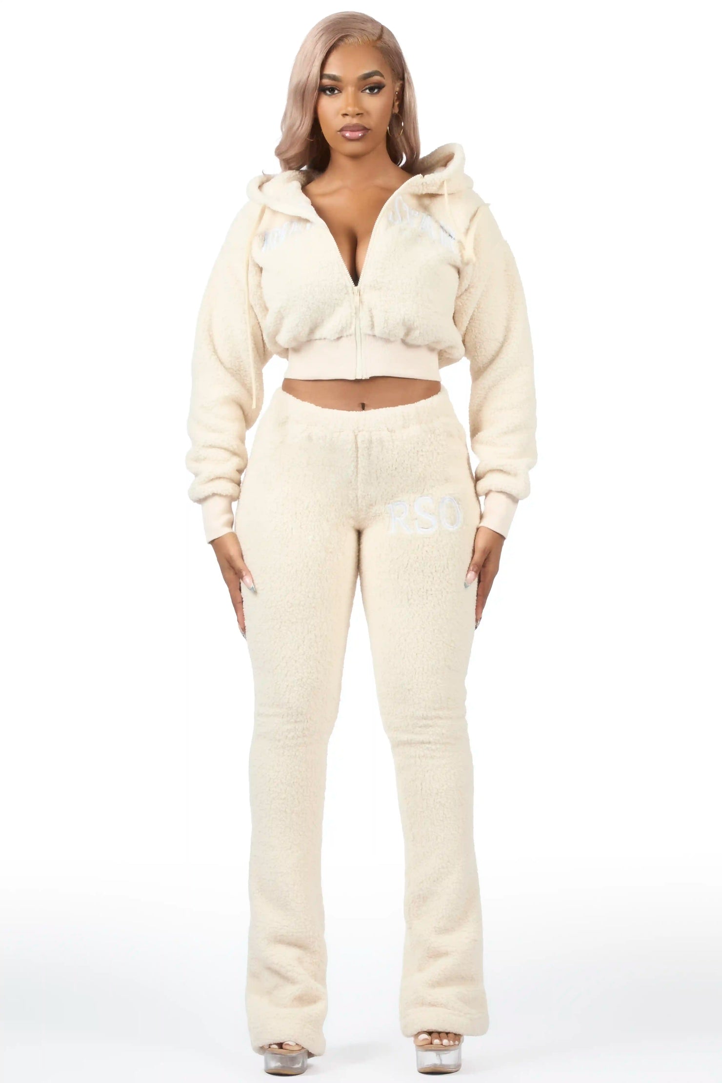 Krystiana Beige Sherpa Zip Up Stacked Track Set