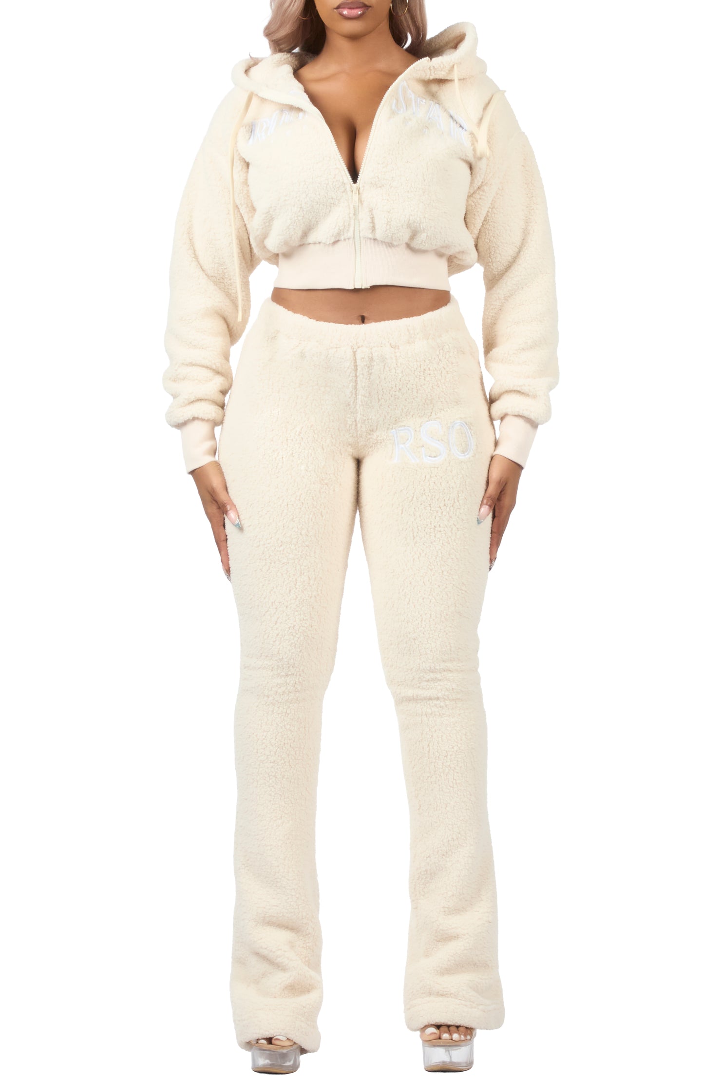 Krystiana Beige Sherpa Zip Up Stacked Track Set