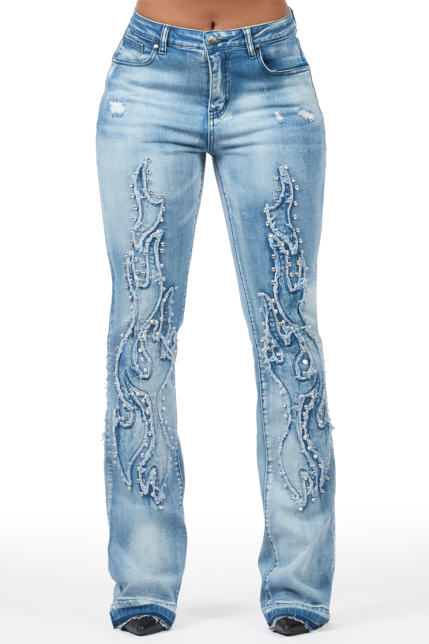 Zahmira Medium Wash Studded Stacked Jean