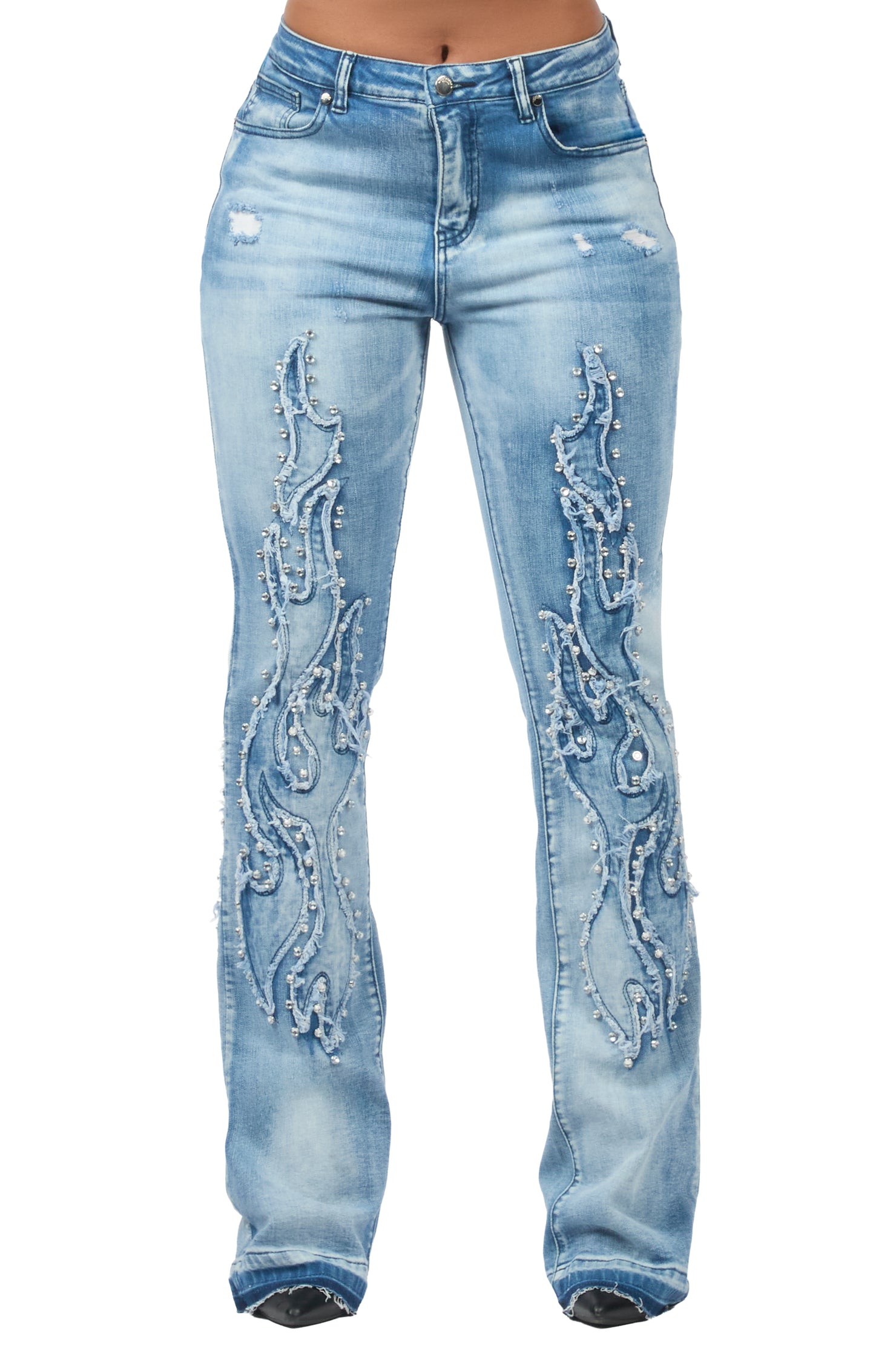 Zahmira Medium Wash Studded Stacked Jean