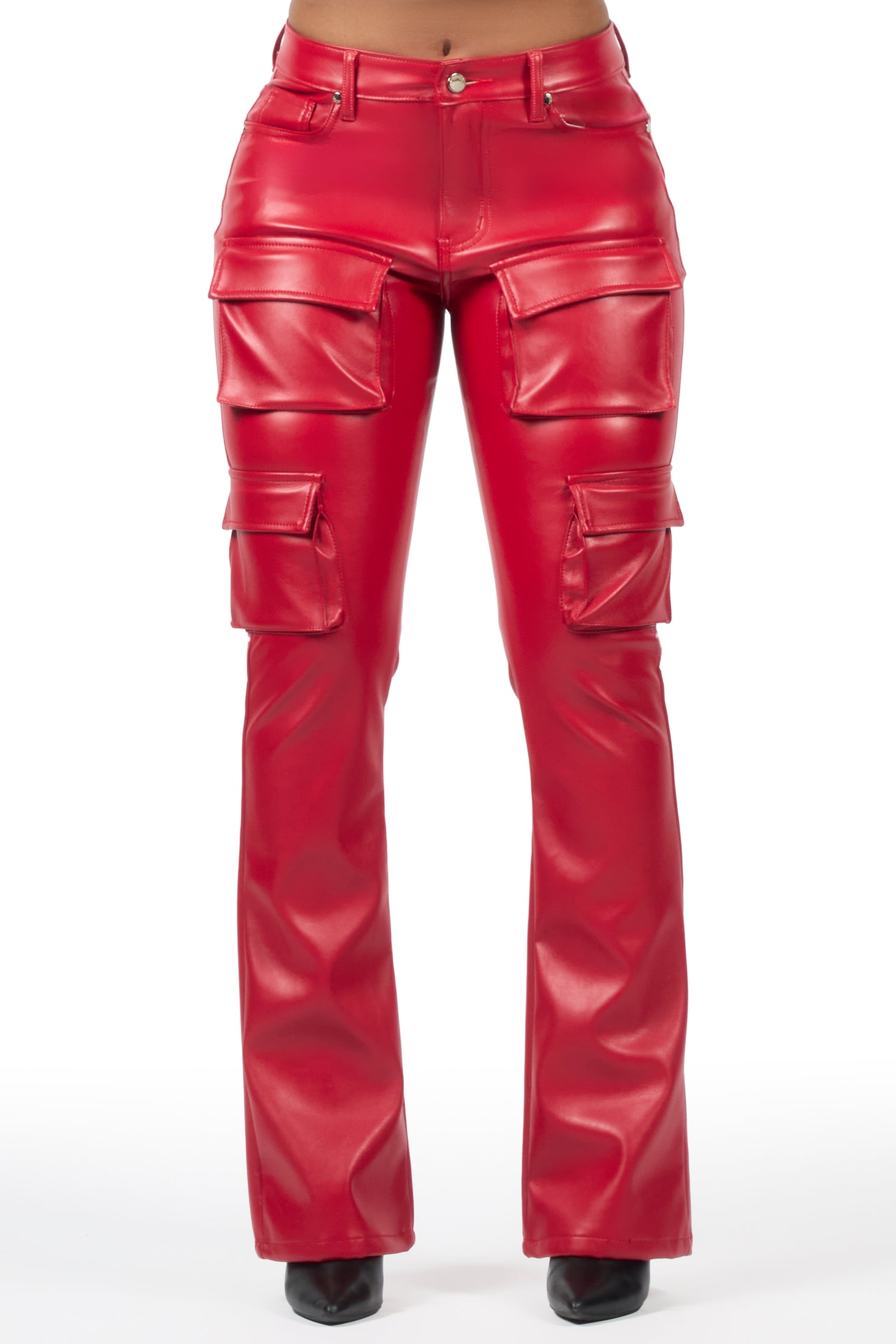 Caressia Red PU Cargo Stacked Flare Pant