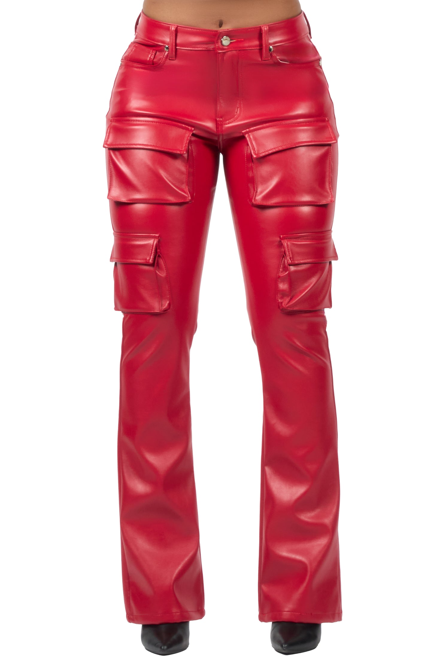 Caressia Red PU Cargo Stacked Flare Pant