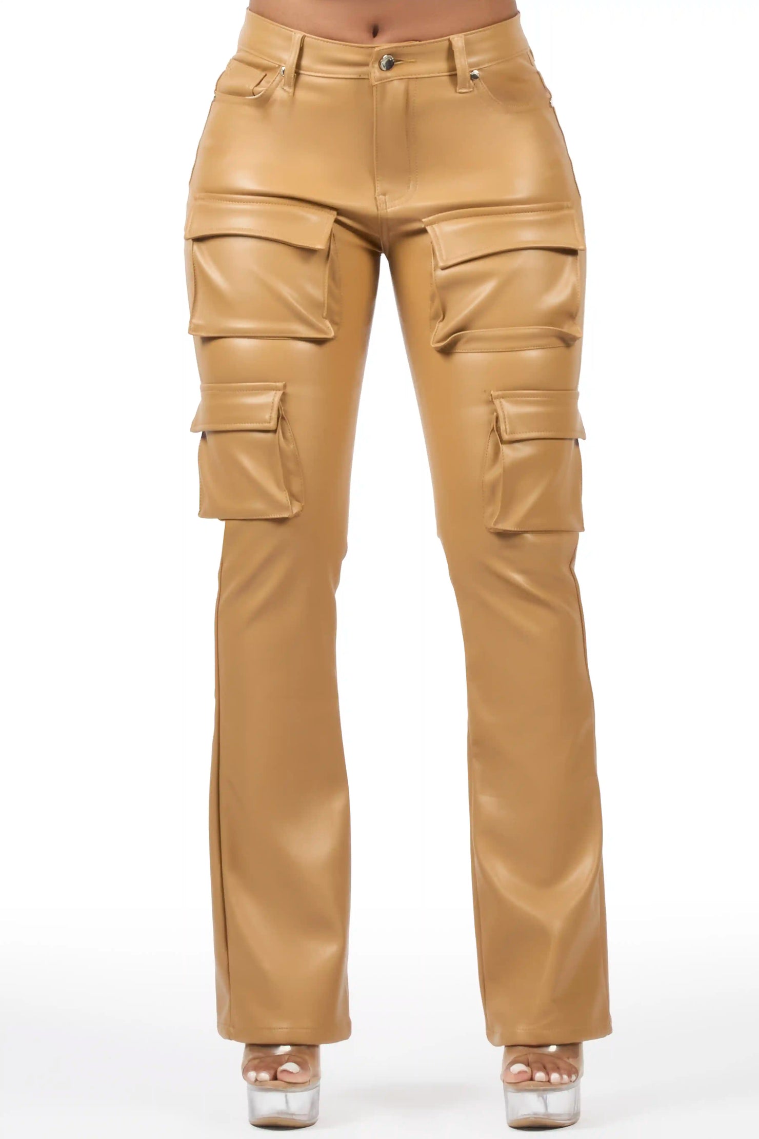 Caressia Tan PU Cargo Stacked Flare Pant
