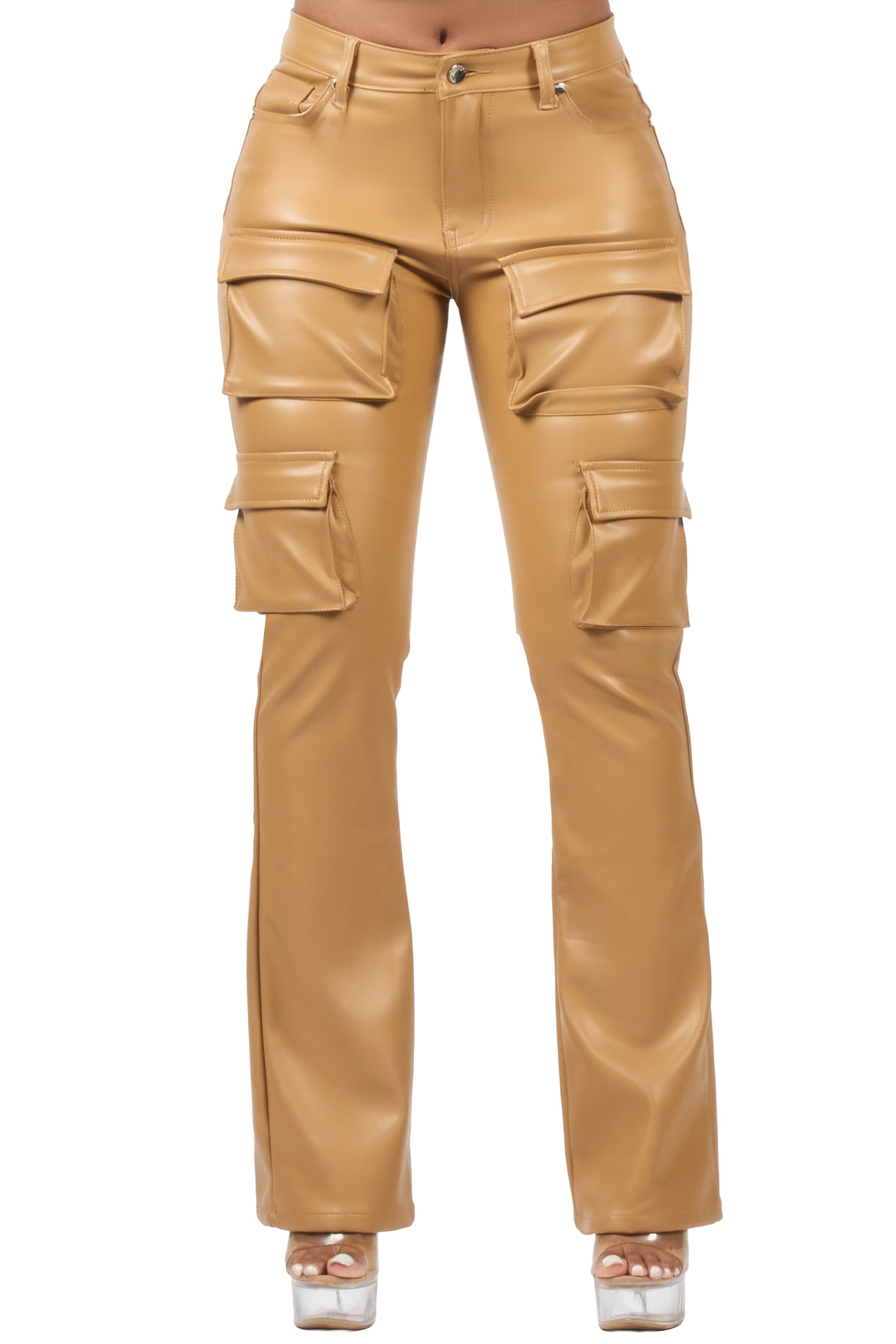 Caressia Tan PU Cargo Stacked Flare Pant