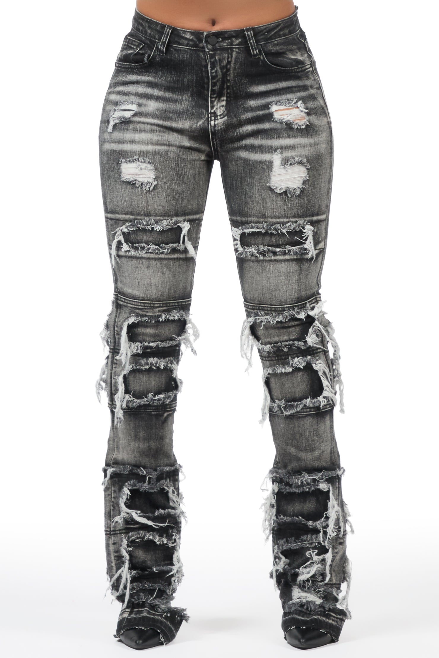 Amerya Grey Wash Distressed Stacked Flare Jean