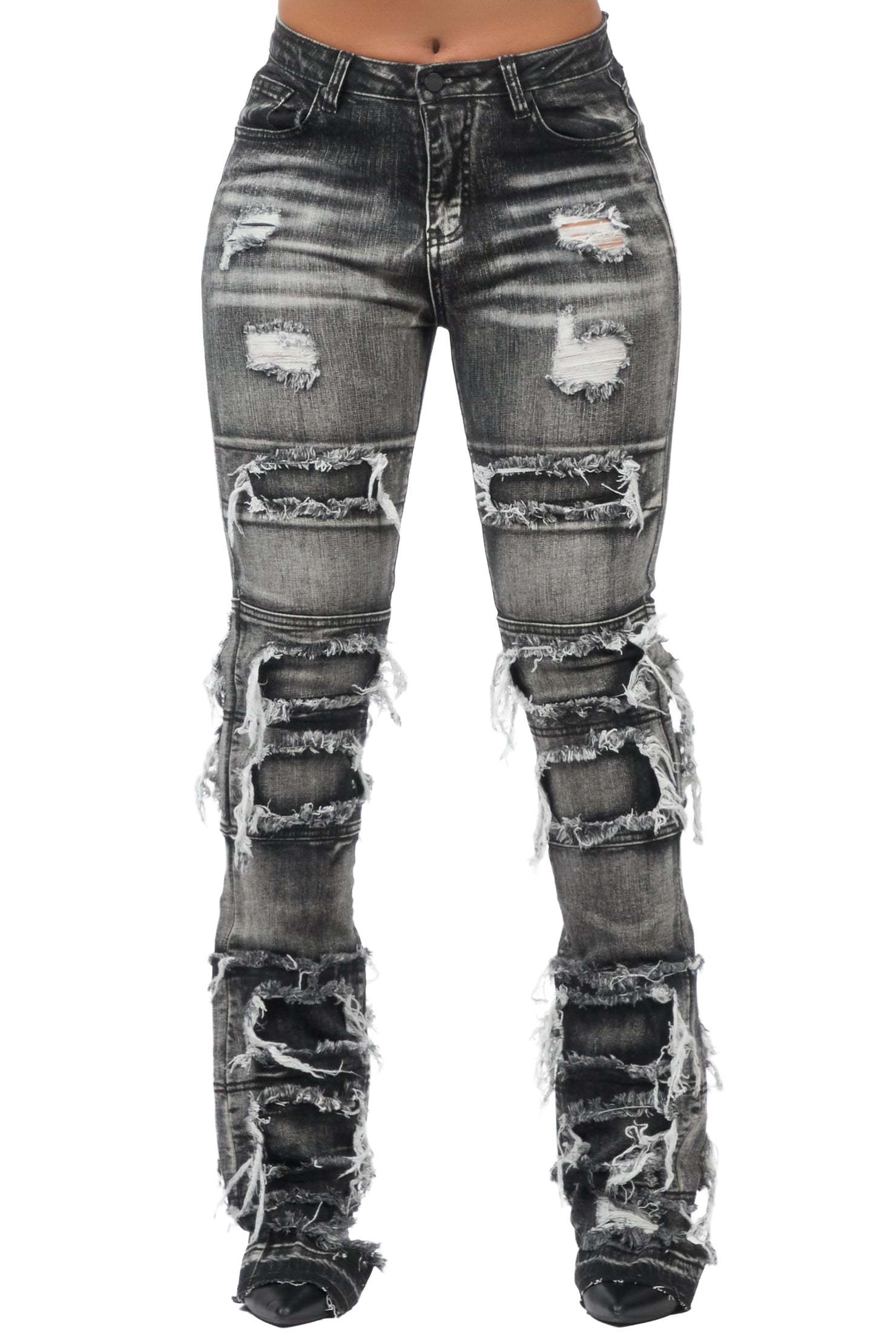 Amerya Grey Wash Distressed Stacked Flare Jean