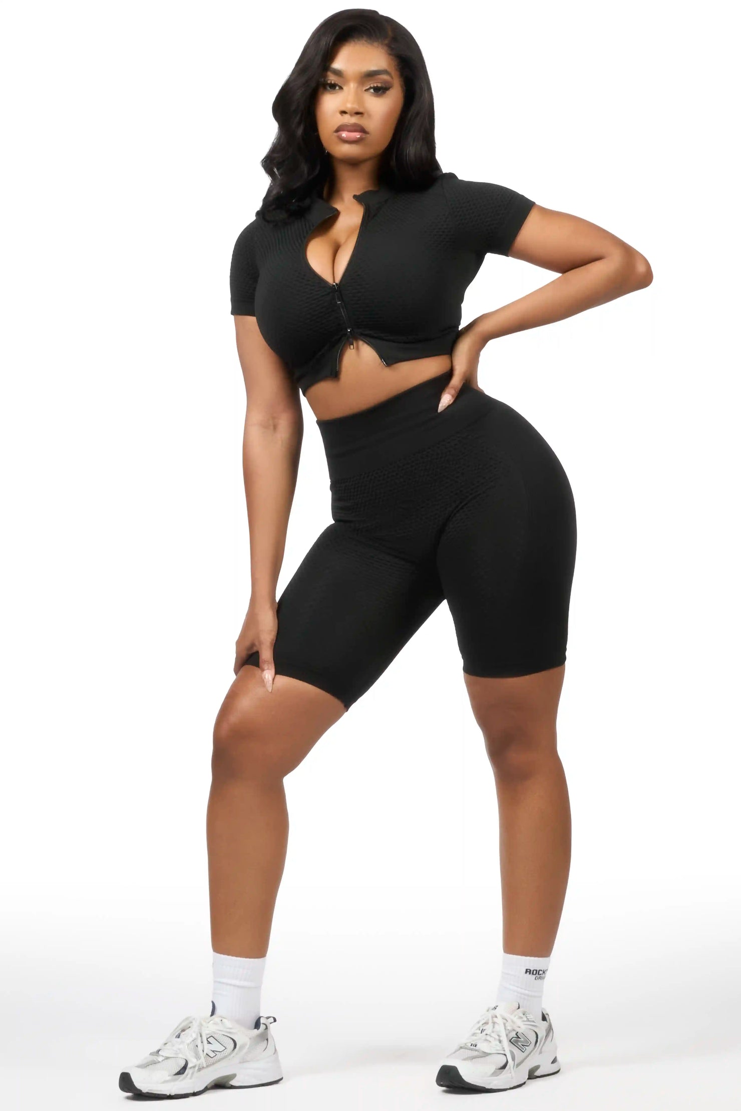 Gisselle Black Zip Up Active Bike Short Set