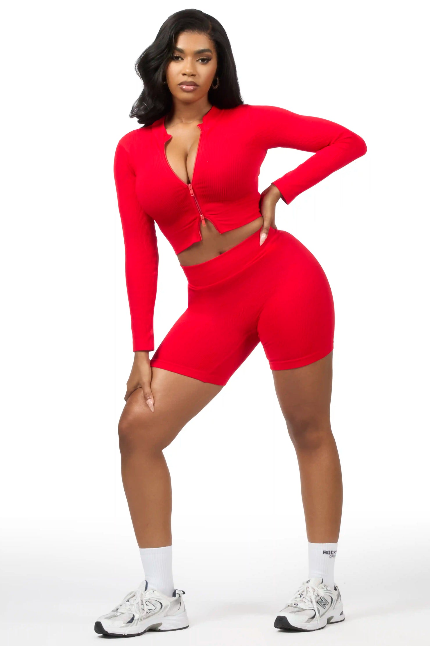 Candree Red Zip Up Active Bike Short Set