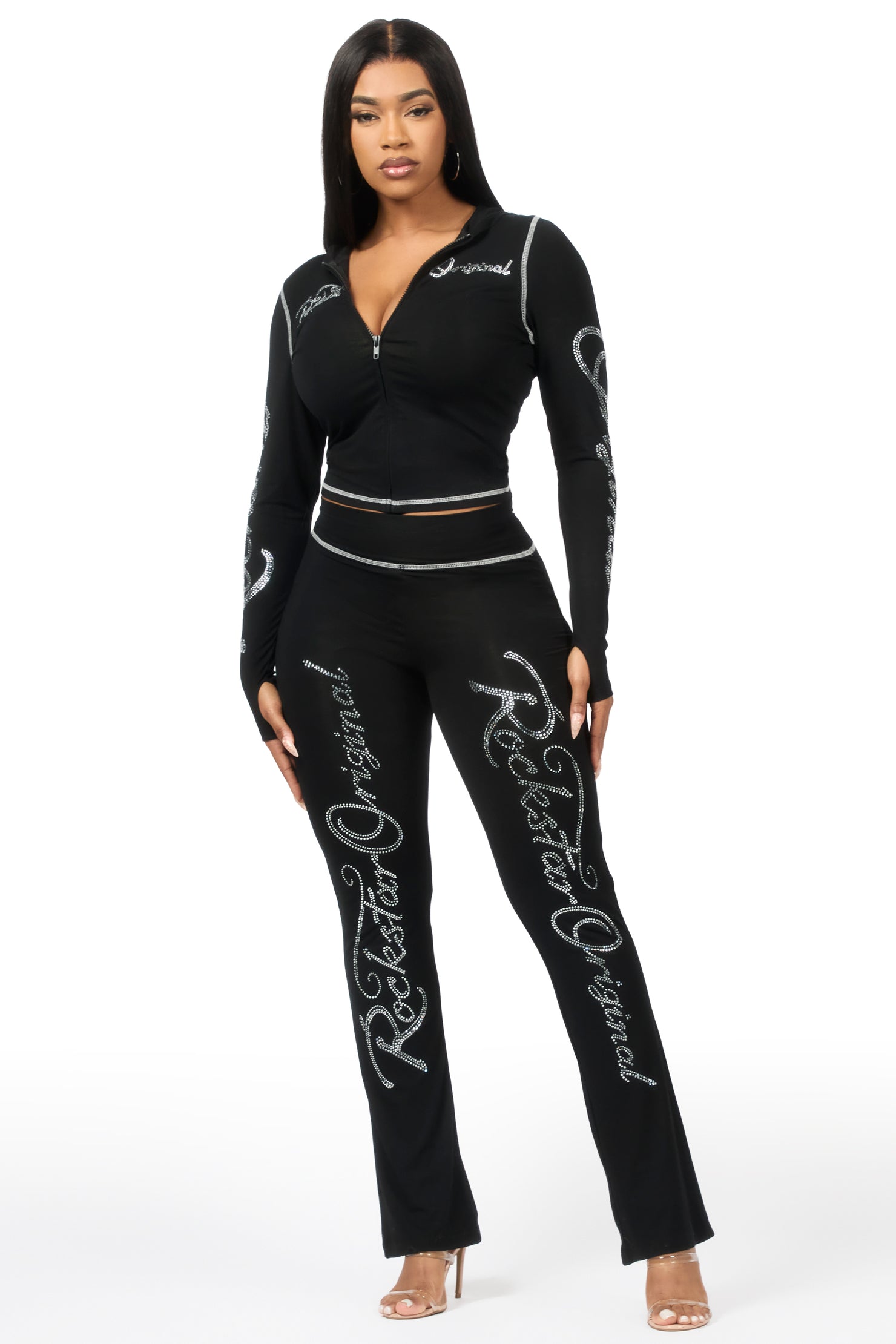 Talanie Black Rhinestone Lounge Track Set