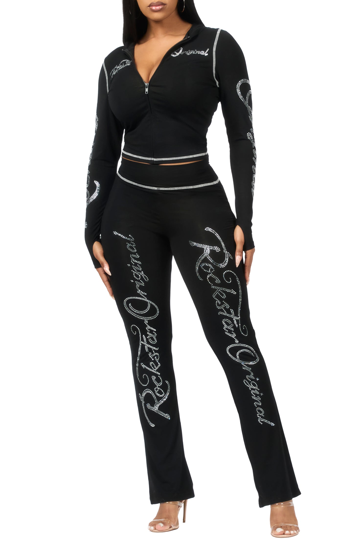 Talanie Black Rhinestone Lounge Track Set
