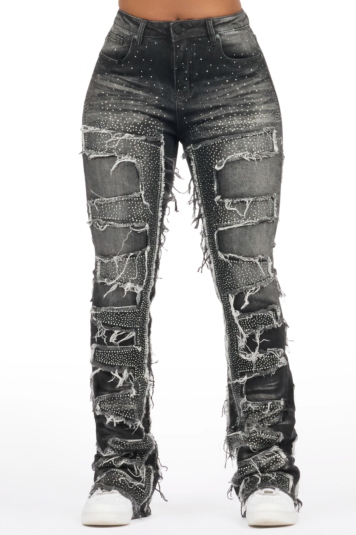 Zariyah Grey Wash Rhinestone Stacked Flare Jean– Rockstar Original