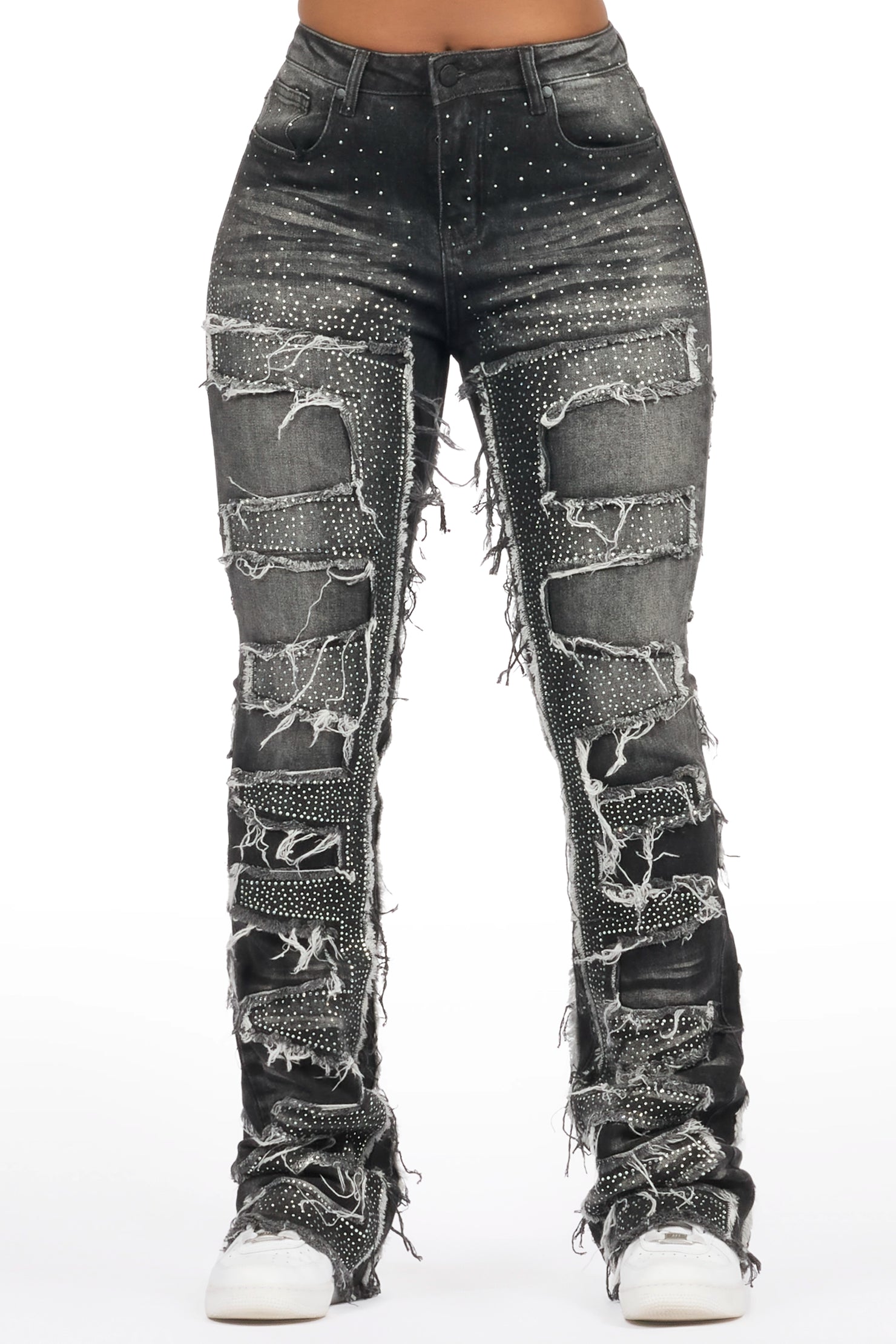 Zariyah Grey Wash Rhinestone Stacked Flare Jean