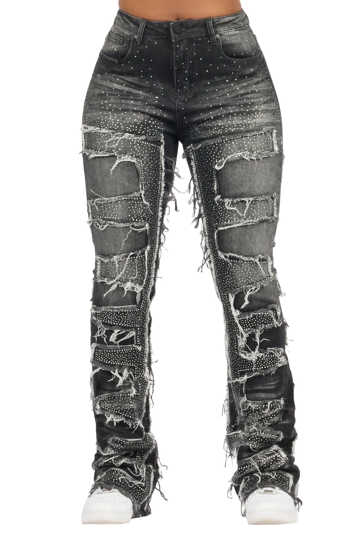 Zariyah Grey Wash Rhinestone Stacked Flare Jean