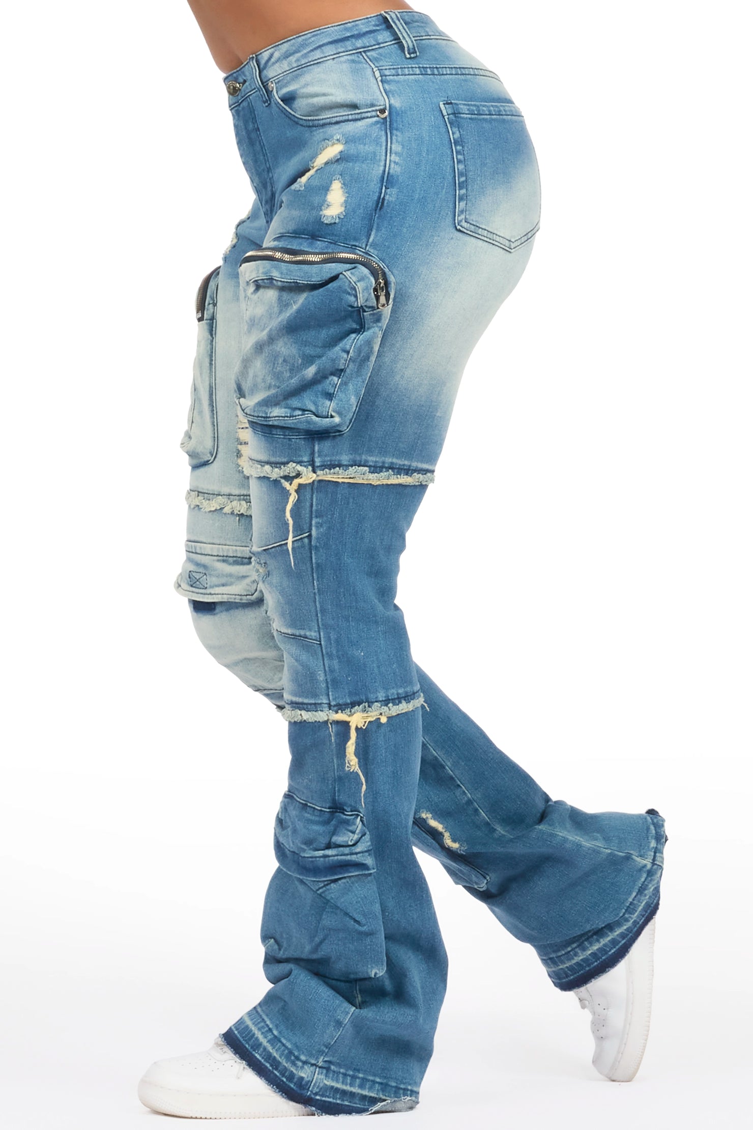 Toniesha Dirty Blue Wash Stacked Flare Jean