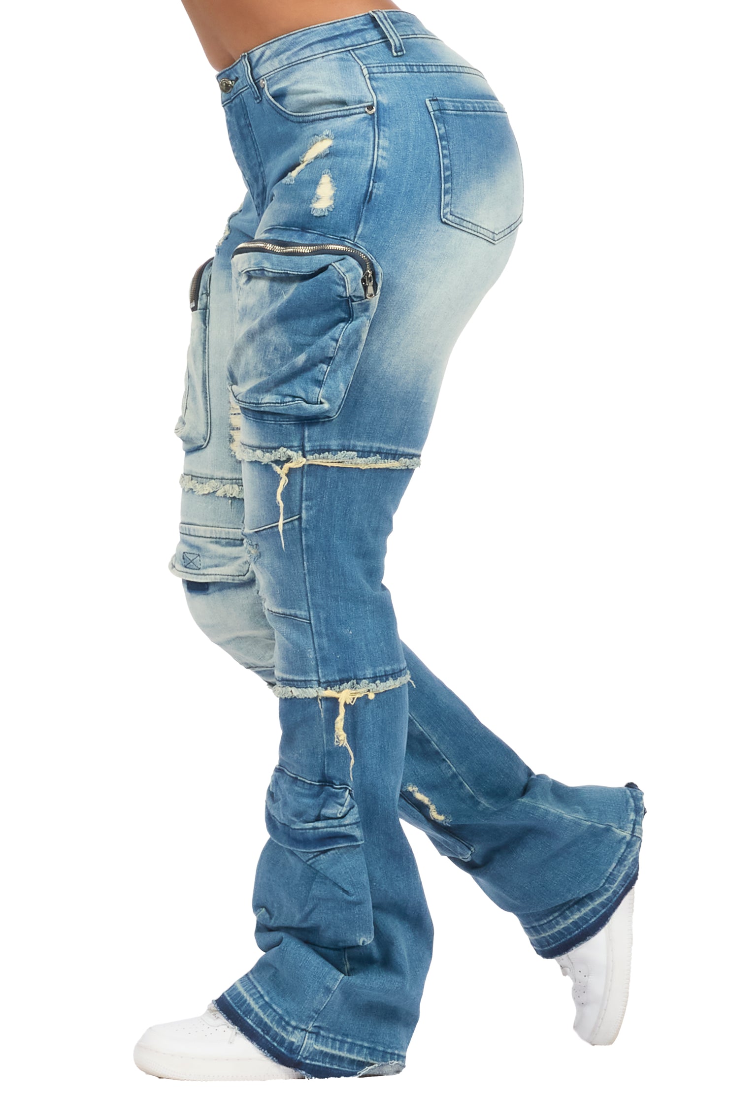 Toniesha Dirty Blue Wash Stacked Flare Jean