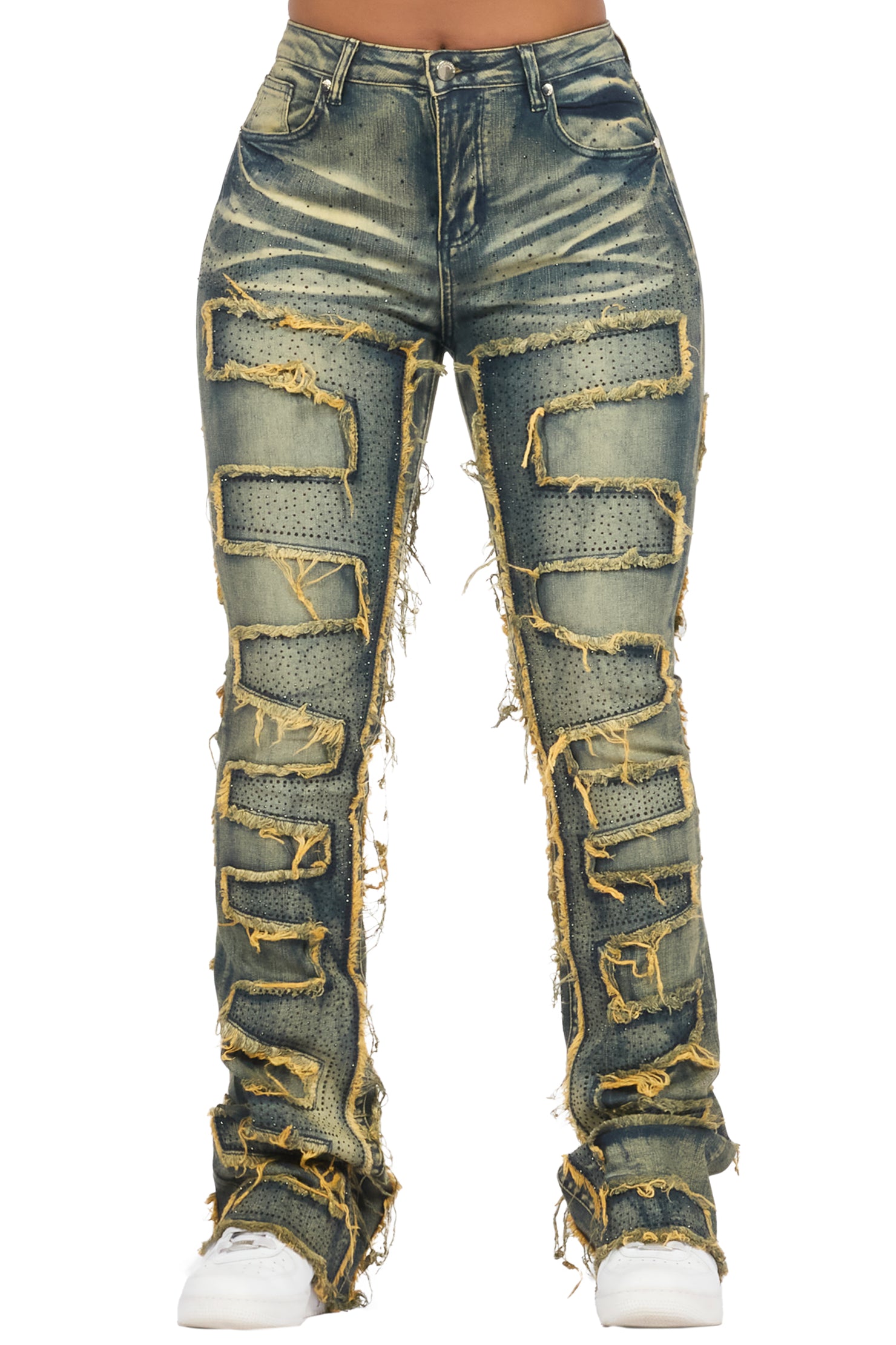 Zariyah Tinted Dark Wash Rhinestone Stacked Flare Jean