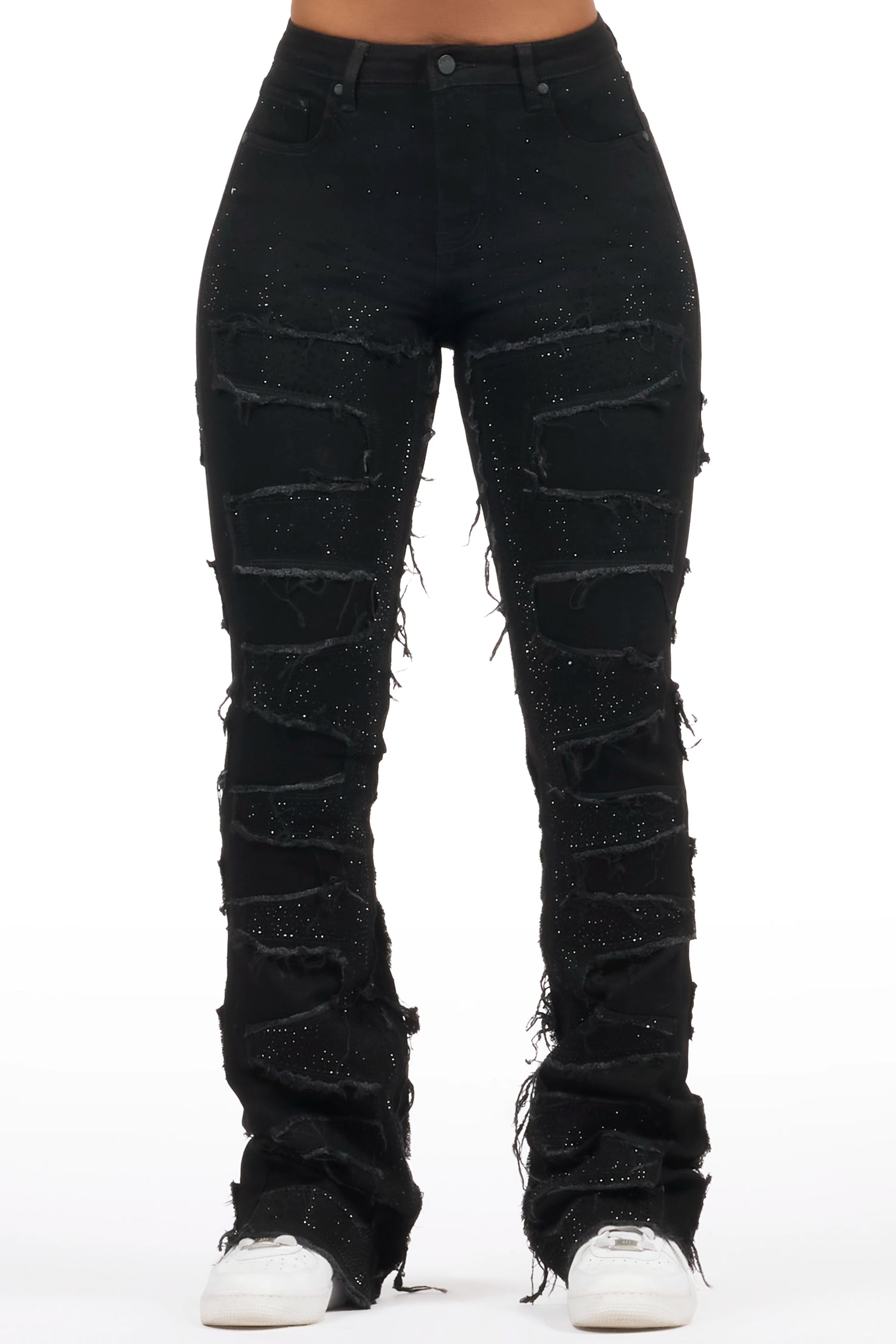 Zariyah Black Rhinestone Stacked Flare Jean