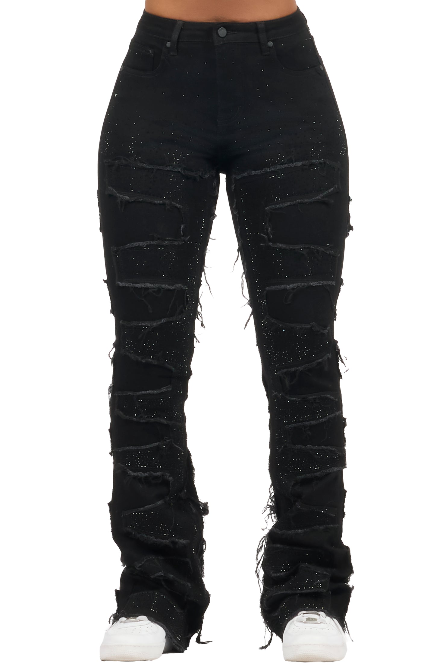 Zariyah Black Rhinestone Stacked Flare Jean